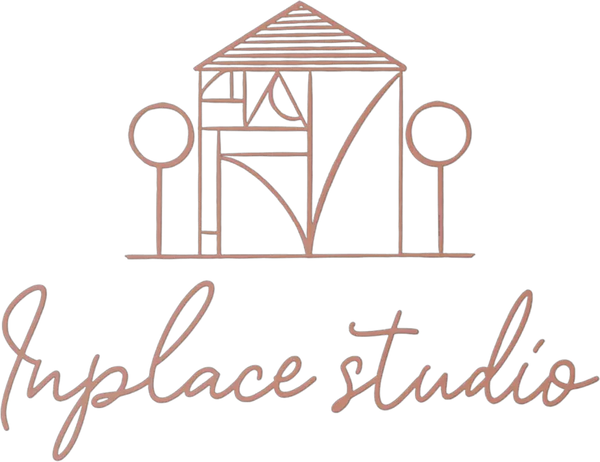 Inplace Studio logo featuring abstract house design with trees, in elegant line art style.