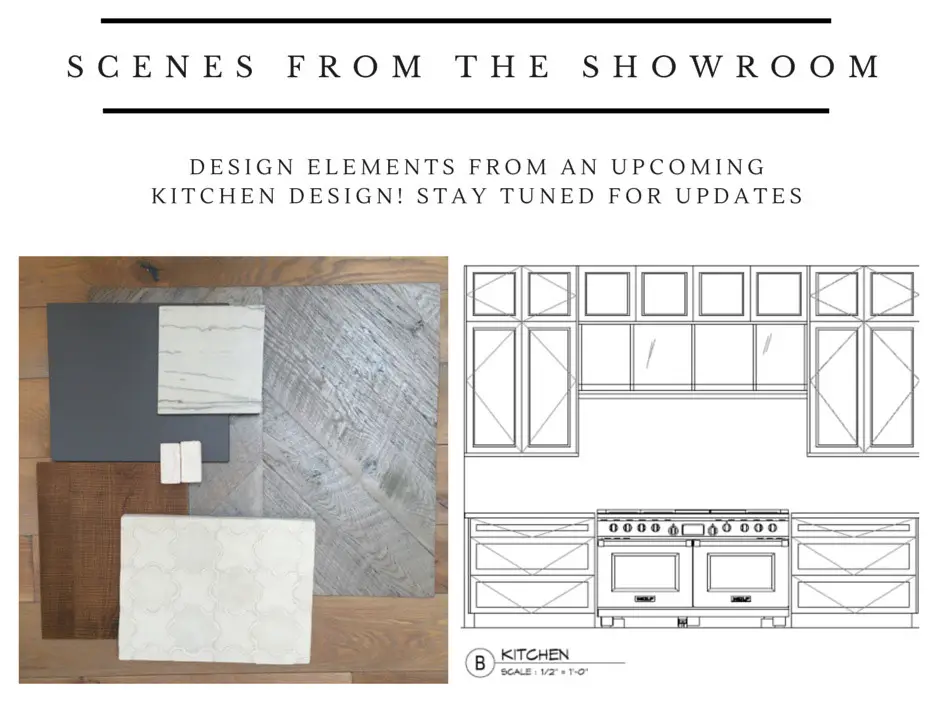 Design elements for modern kitchen cabinetry including various materials like marble, wood, and textured tiles, alongside a detailed blueprint sketch of kitchen layout with cabinets and stove. Modern kitchen desi