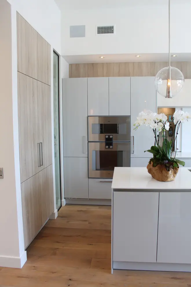 Modern kitchen with custom cabinetry featuring sleek, glossy white and wood-finish cabinets, integrated appliances, and a central island with a decorative plant under a pendant light, showcasing elegant storage solutions.