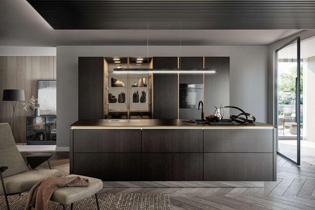 Luxury modern kitchen with soft lighting and minimalist veneer cabinetry design