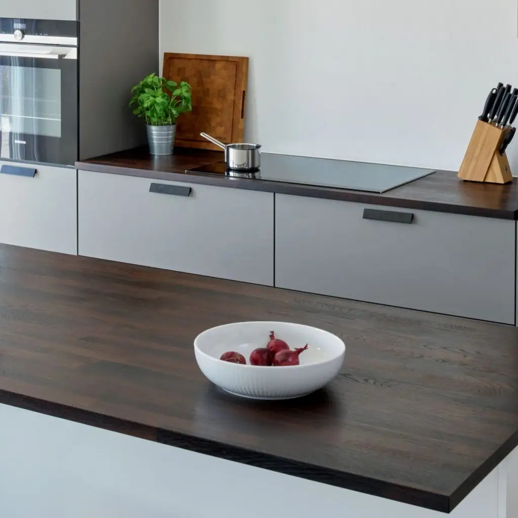 Modern kitchen featuring custom cabinetry with dark wood countertops, a small potted herb plant, cutting board, and a bowl of onions on the counter, showcasing contemporary kitchen design solutions by Inplace Studio.