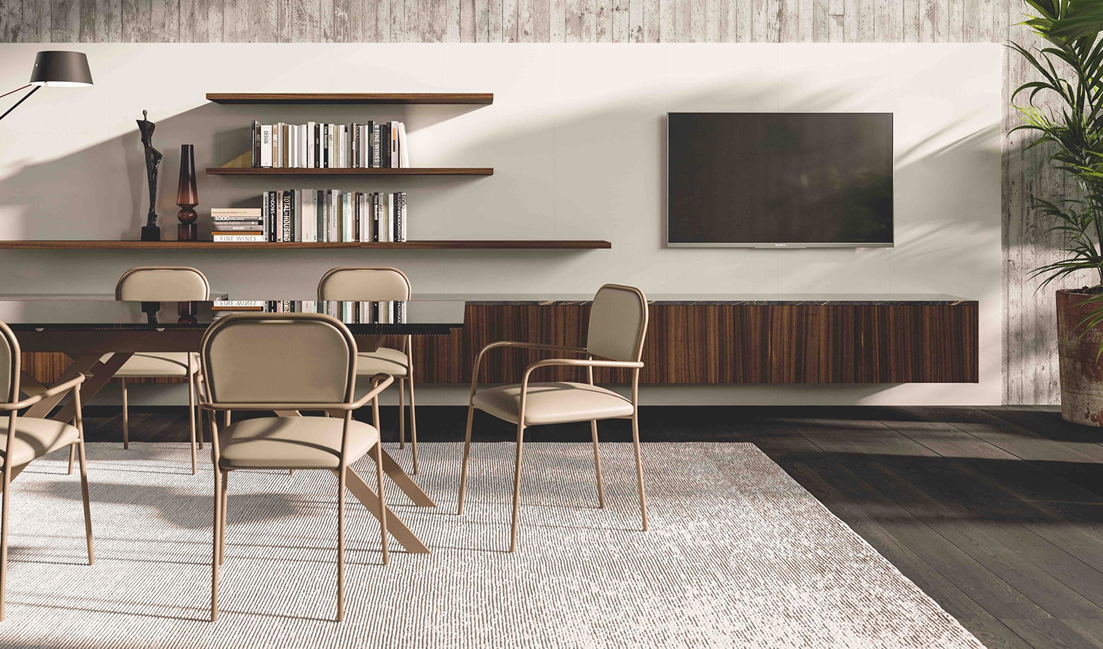 Custom entertainment center with media wall floating shelves and built-in cabinetry &mdash; Inplace Studio Southern California