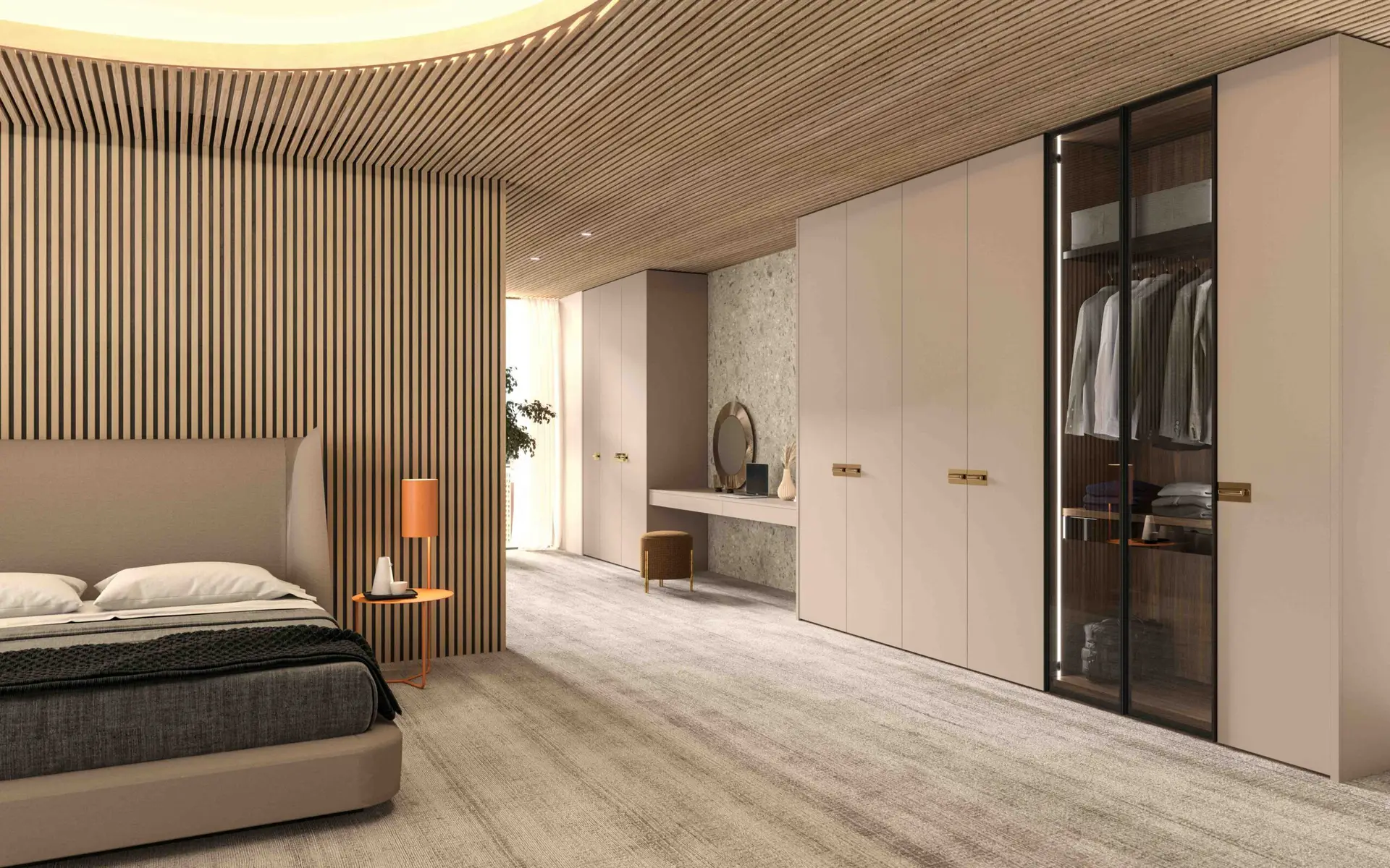 Luxury walk-in closet with custom wardrobe cabinetry and glass display doors &mdash; Inplace Studio Southern California