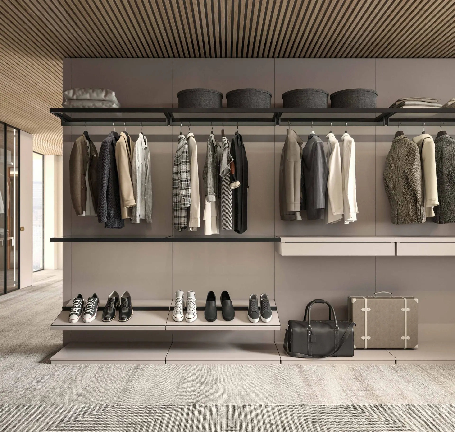 Luxury European closet with veneer cabinetry &mdash; Inplace Studio Orange County