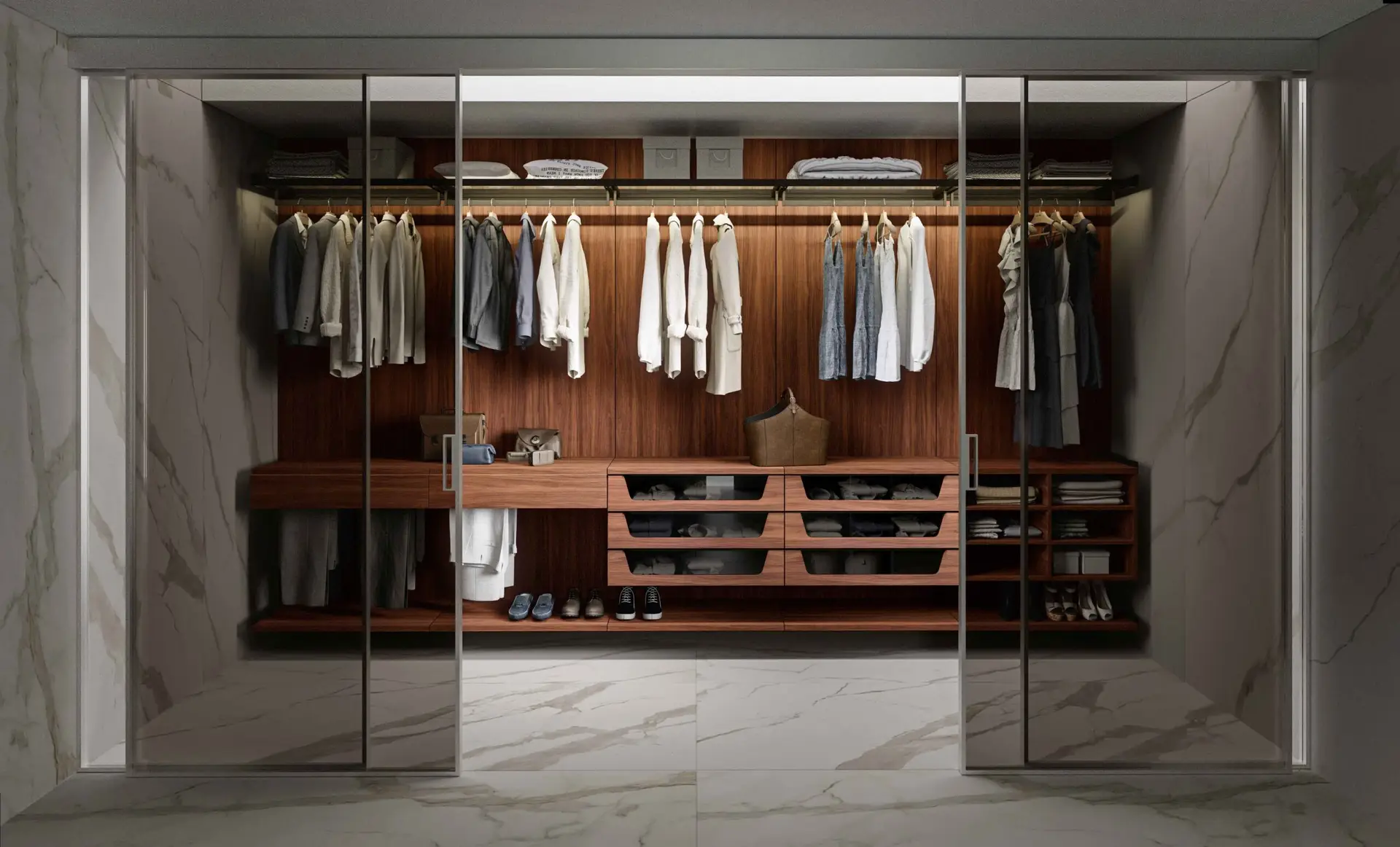 Custom closet curved island warm wood cabinetry &mdash; Inplace Studio Southern California