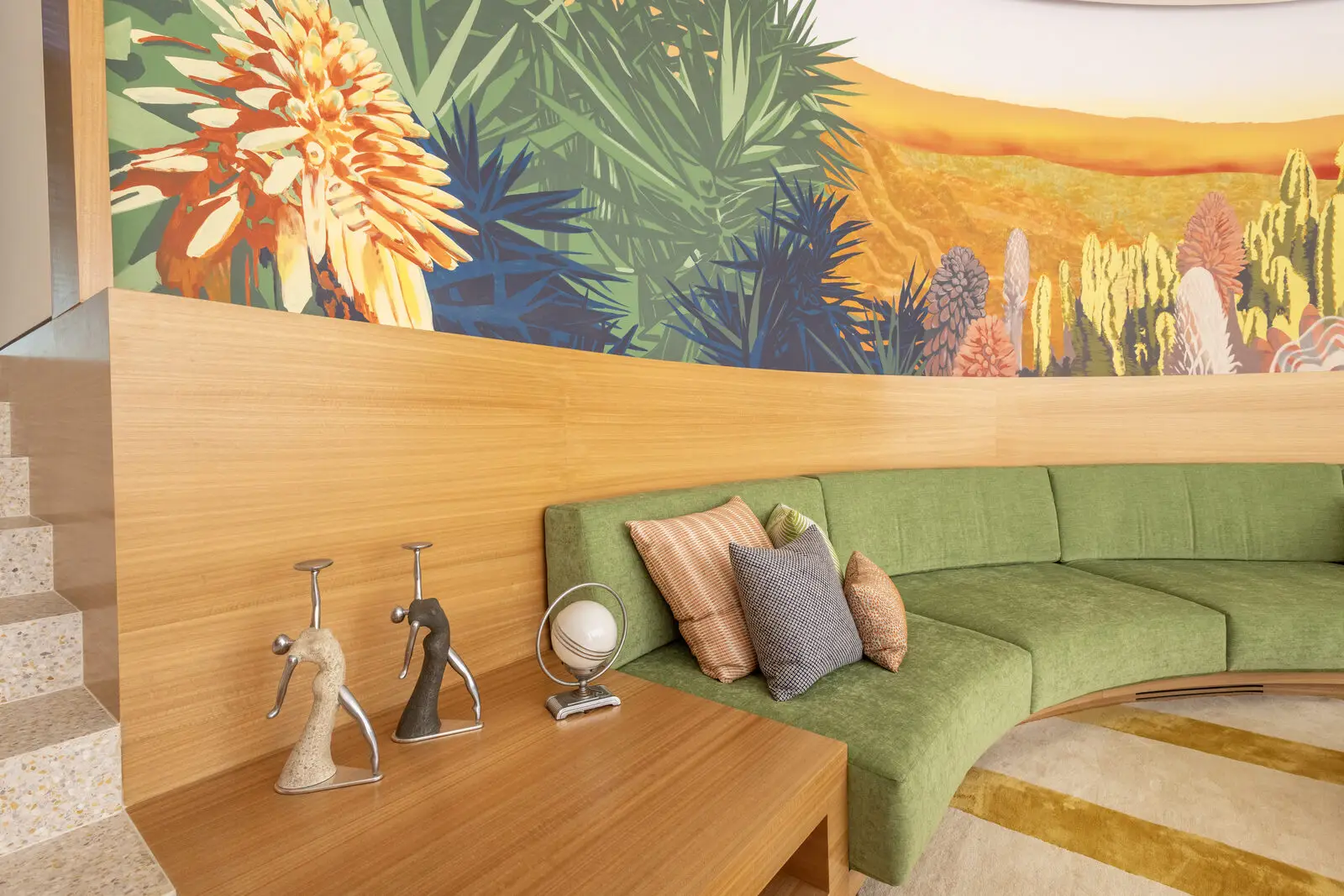 Eucalyptus veneer millwork lounge and curved cabinetry — San Diego custom cabinetry