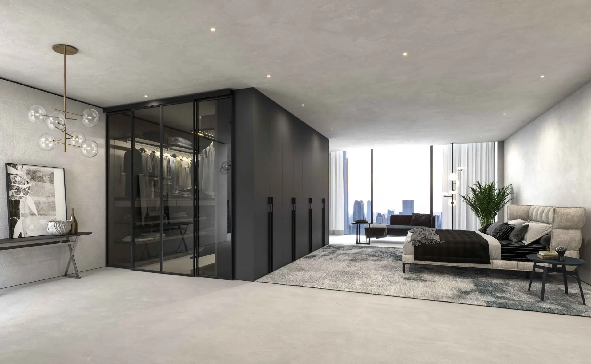 Glass-enclosed walk-in closet inside a bedroom suite