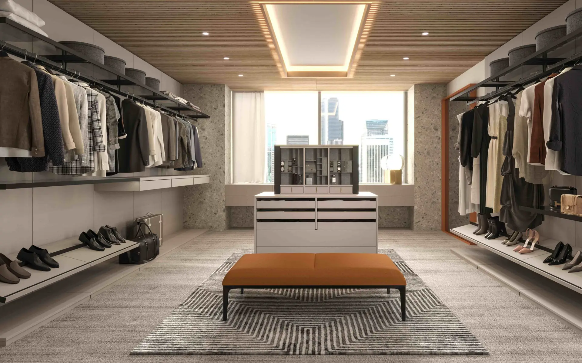 Penthouse walk-in closet with center island and leather bench &mdash; Inplace Studio