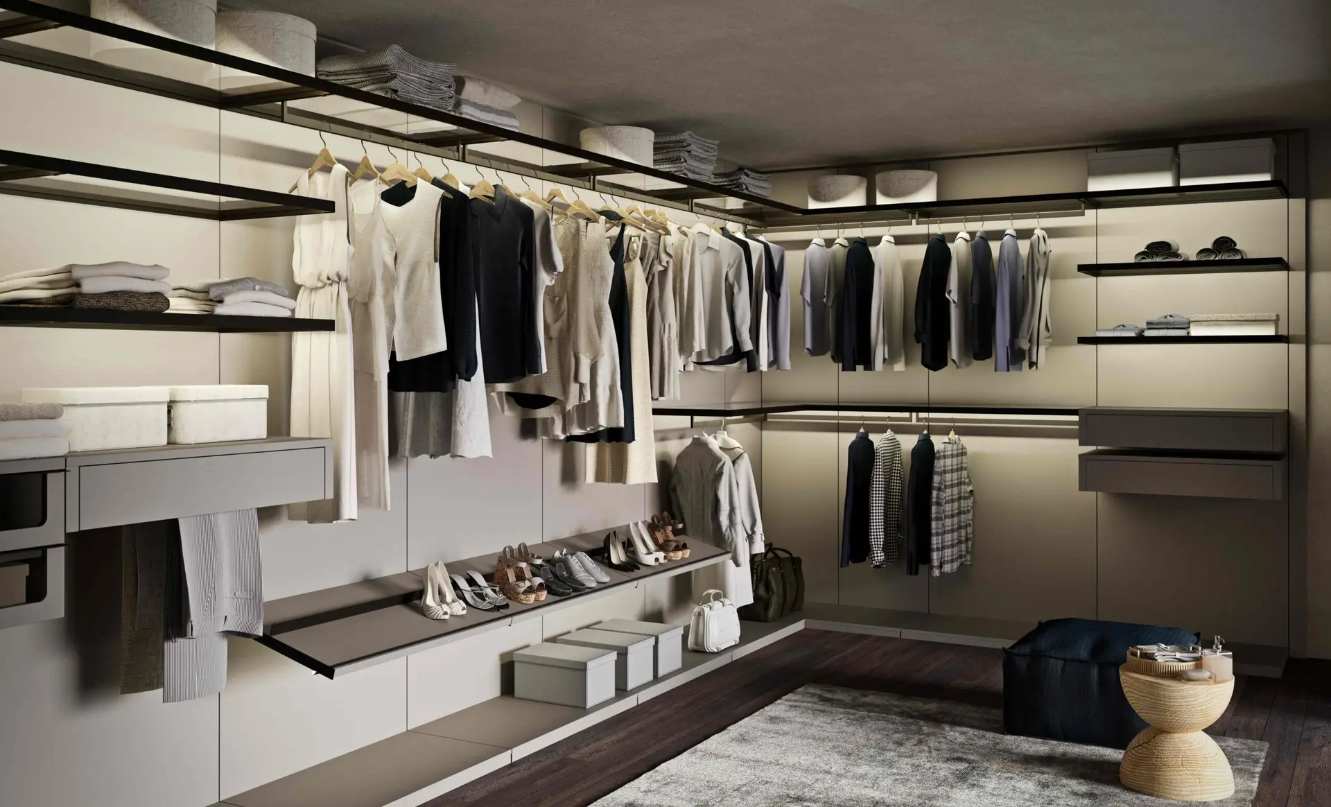 Taupe open closet system with backlit shelving
