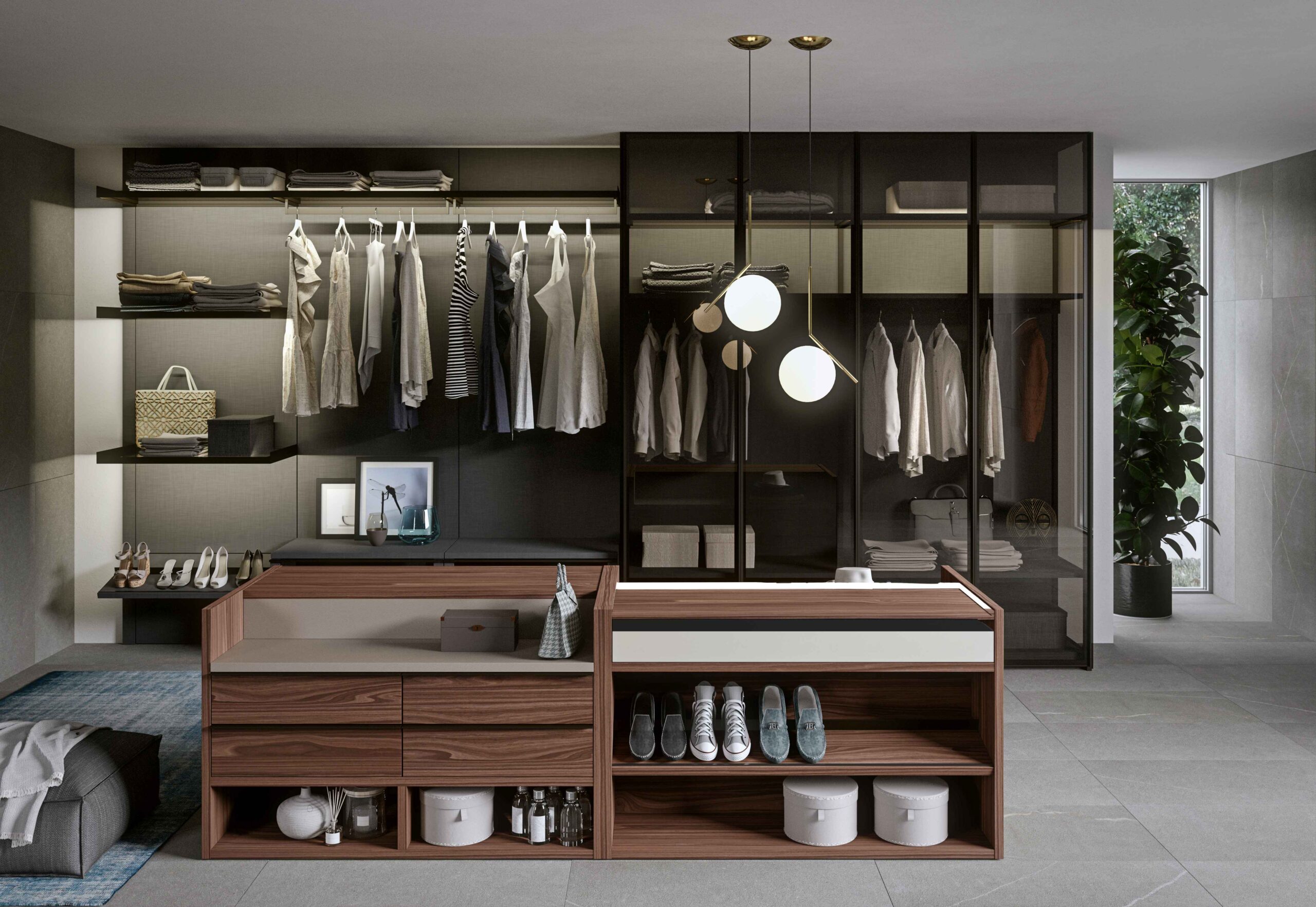Walnut walk-in closet with center island and pendant lighting &mdash; Inplace Studio