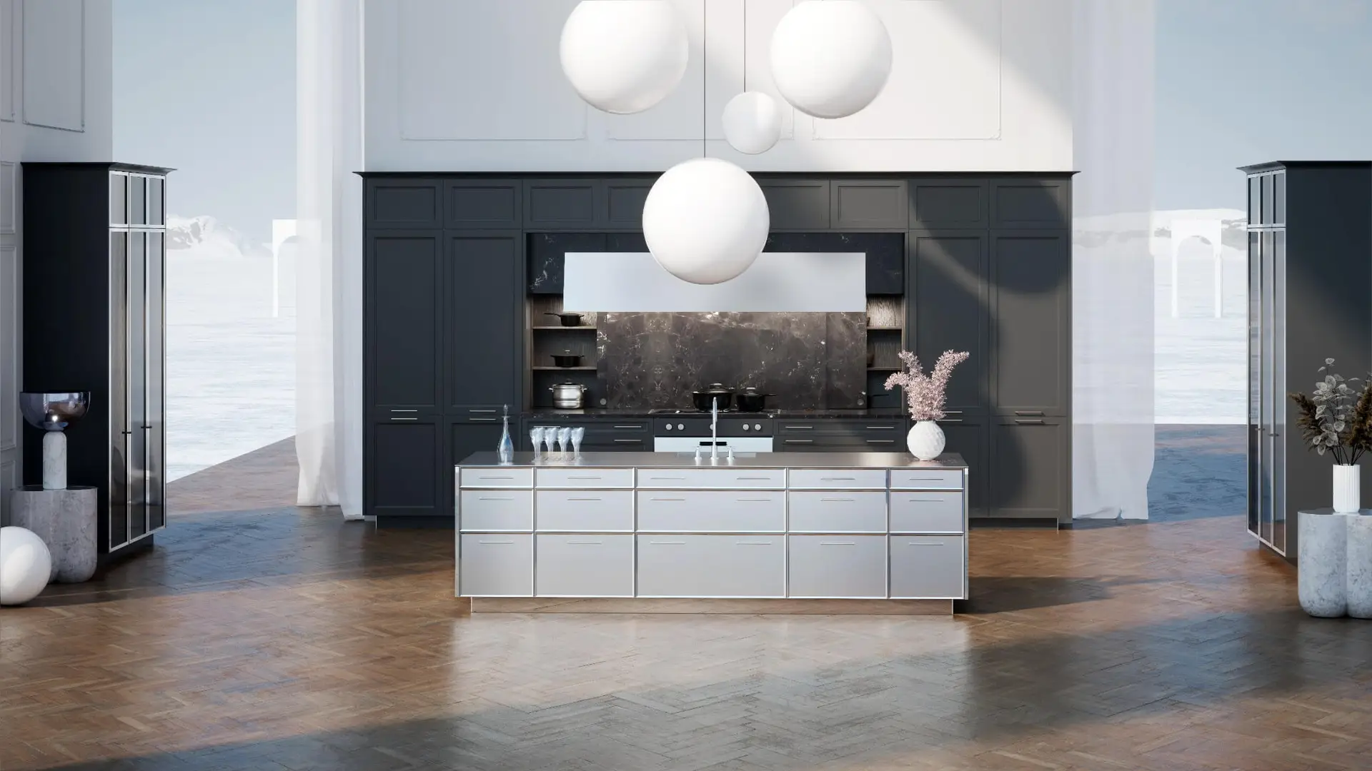 Classic black framed kitchen with stainless steel island &mdash; SieMatic CLASSIC