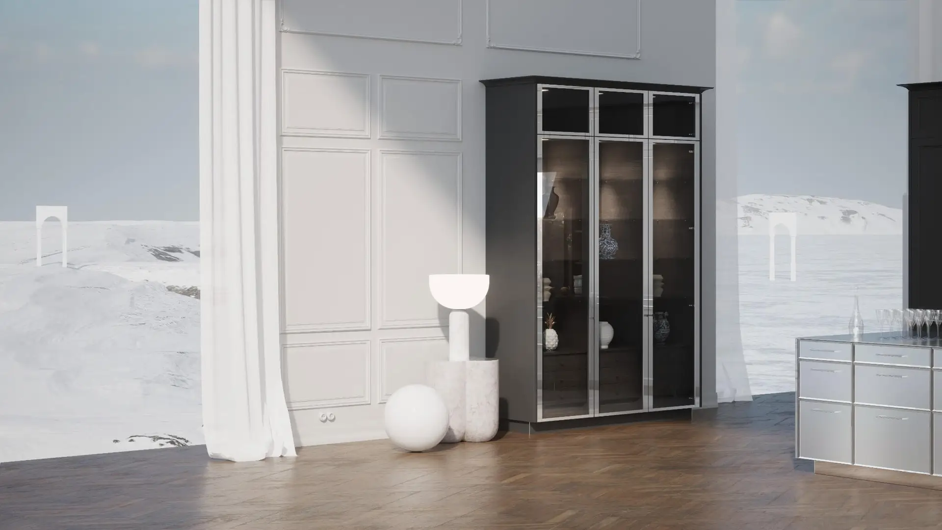 SieMatic CLASSIC glass display cabinet with black frame and panelled walls