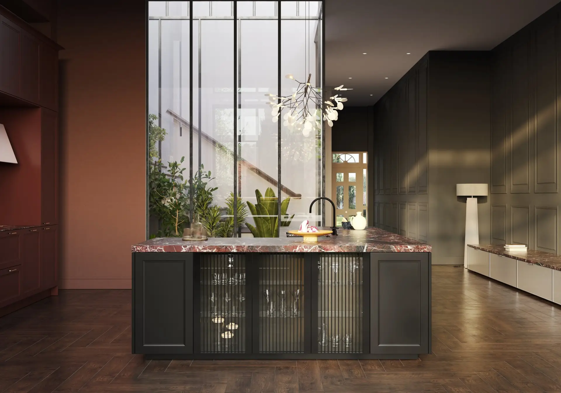 SieMatic Classic island with fluted glass cabinets in a conservatory setting