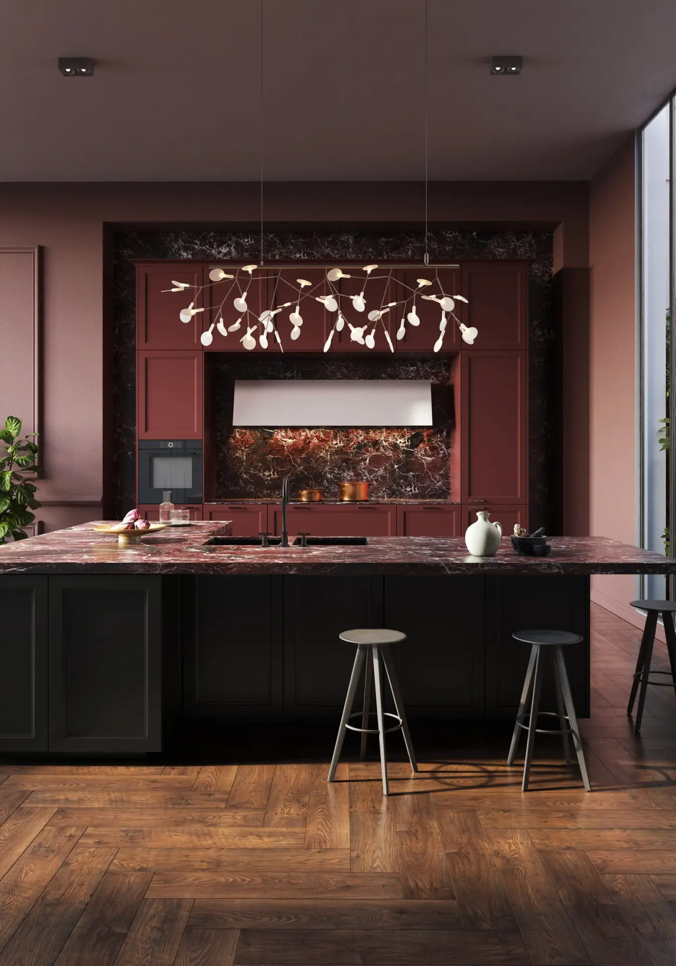 SieMatic Classic kitchen with burgundy framed fronts and rosso marble backsplash