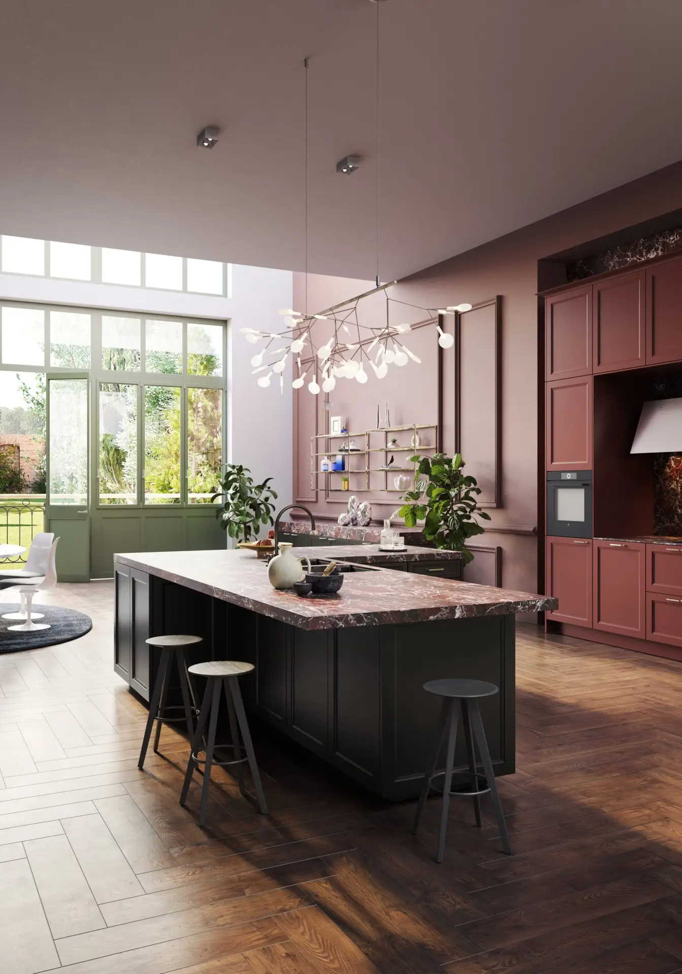 SieMatic Classic kitchen island with garden view and terracotta tall cabinets