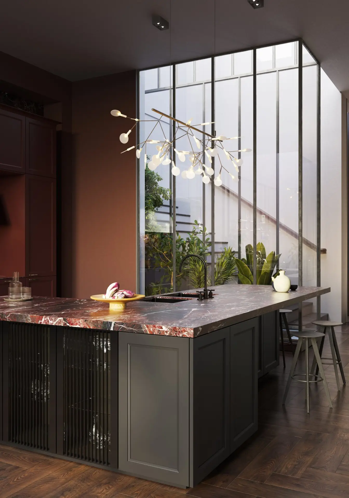 SieMatic Classic kitchen island with rosso marble worktop and glass atrium wall
