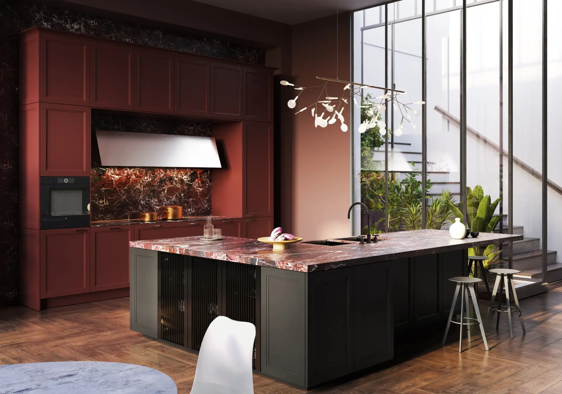 SieMatic Classic kitchen with red framed cabinets and black island
