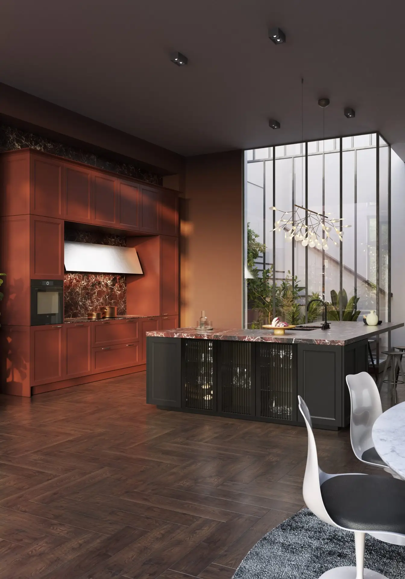 SieMatic Classic kitchen with terracotta tall cabinets and glass-front island