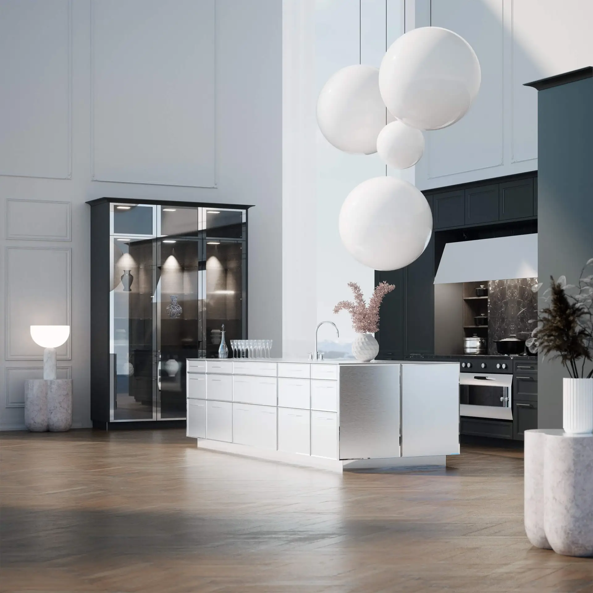 SieMatic CLASSIC kitchen with metal island and glass vitrine in a panelled great room