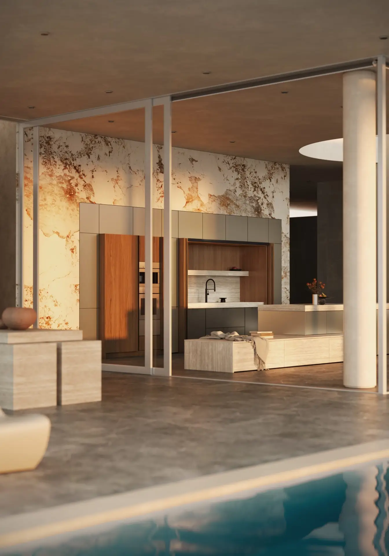 SieMatic MONDIAL kitchen behind a glass wall with poolside travertine benches