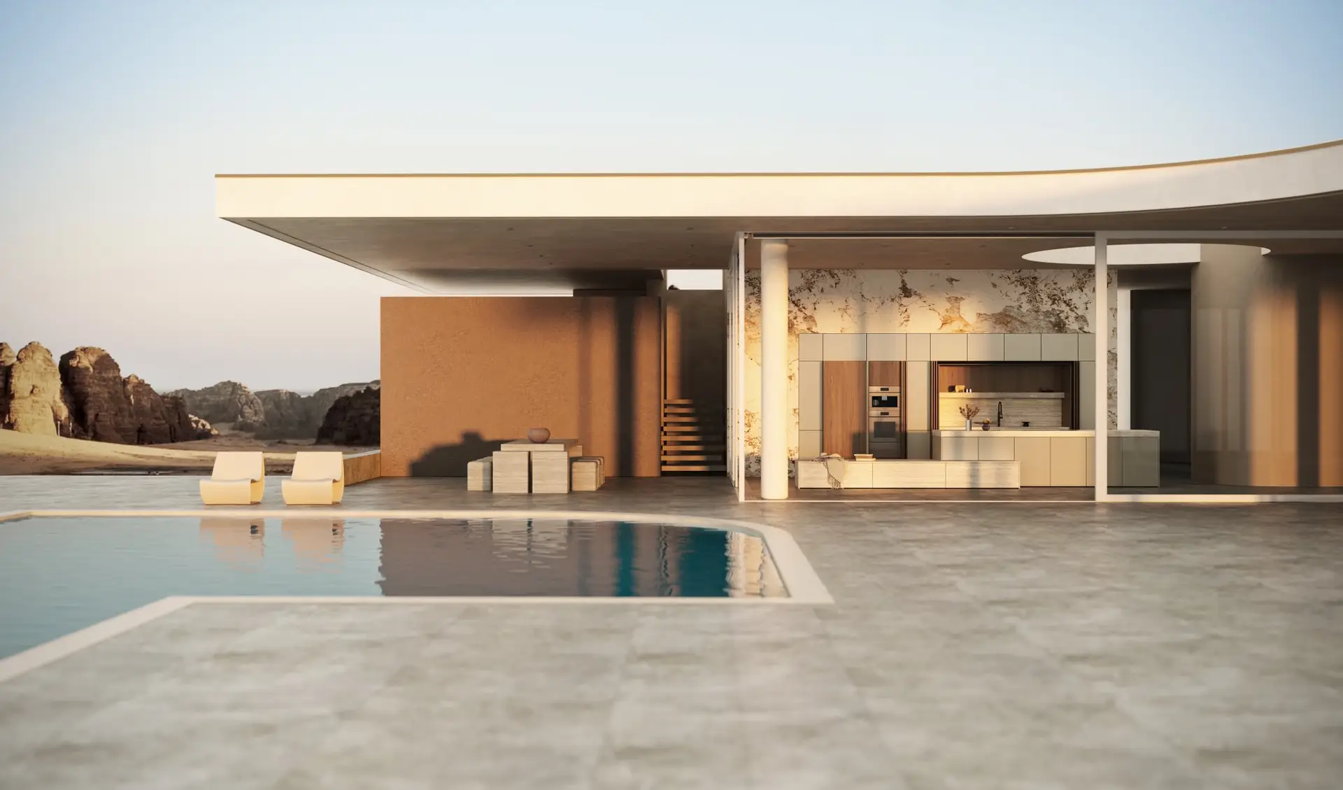 SieMatic MONDIAL designer kitchen elevation with oak tall cabinets and stone accents