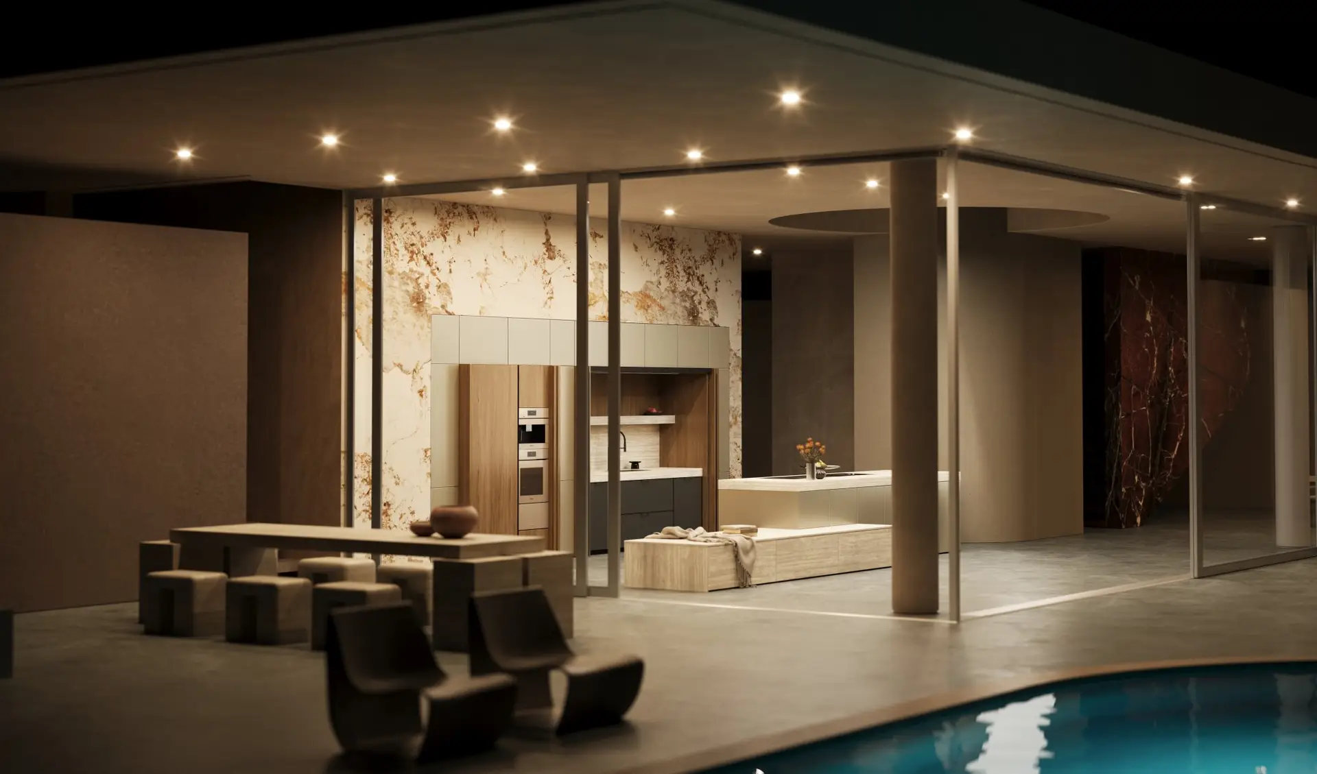 SieMatic MONDIAL kitchen pavilion at night with poolside seating