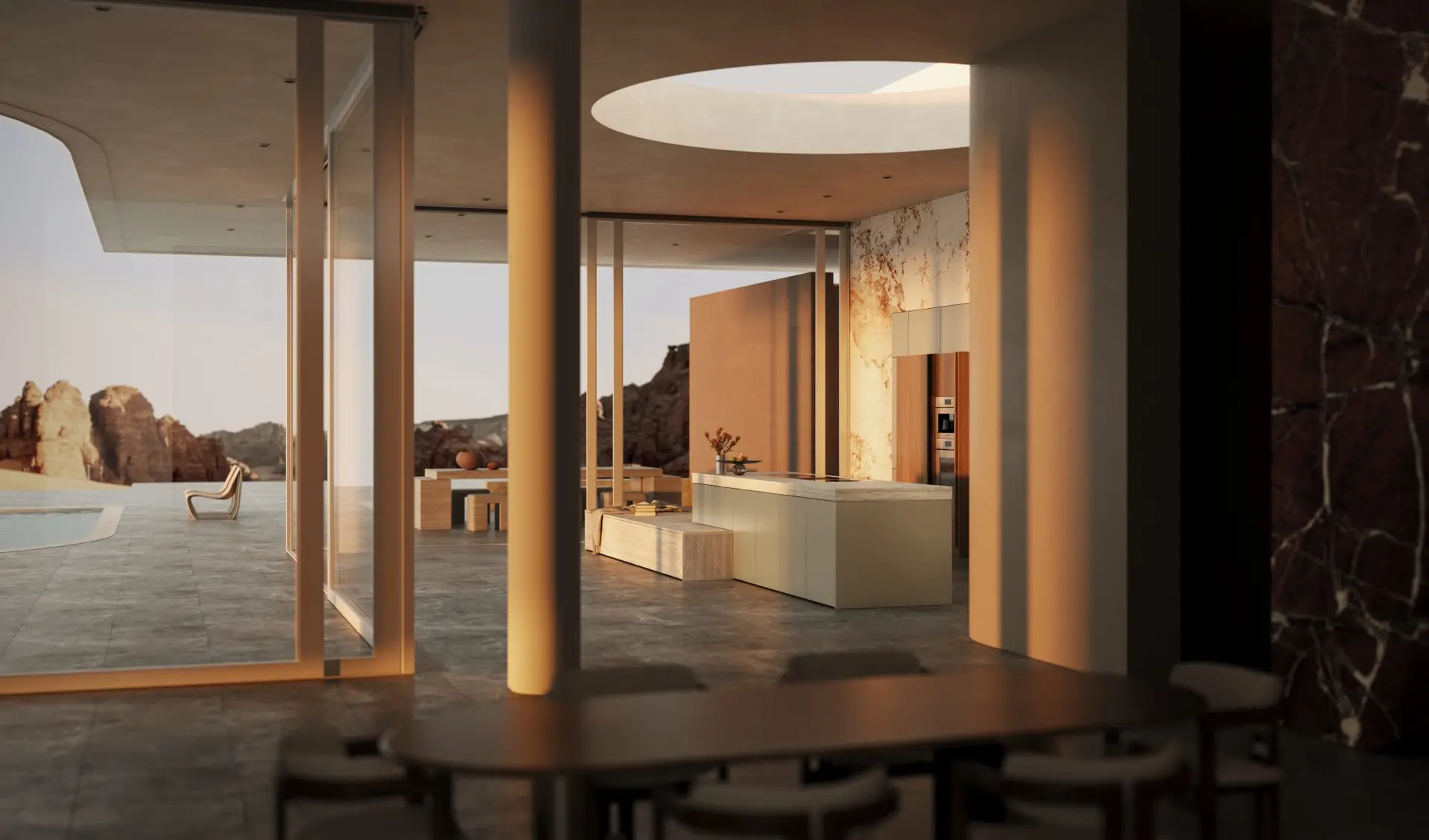 SieMatic MONDIAL open-air designer kitchen pavilion overlooking the pool