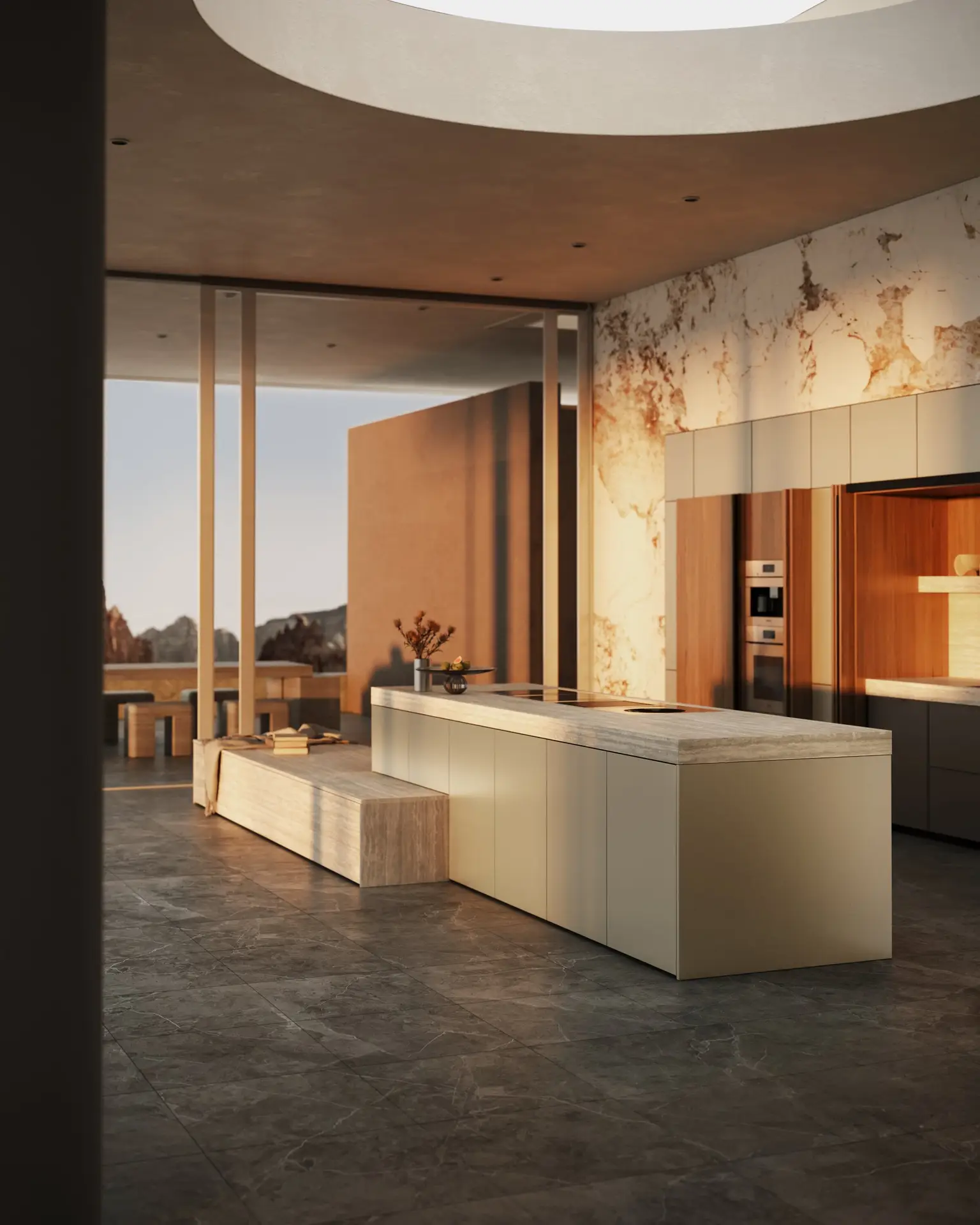 SieMatic MONDIAL designer kitchen with travertine-topped island in a desert villa