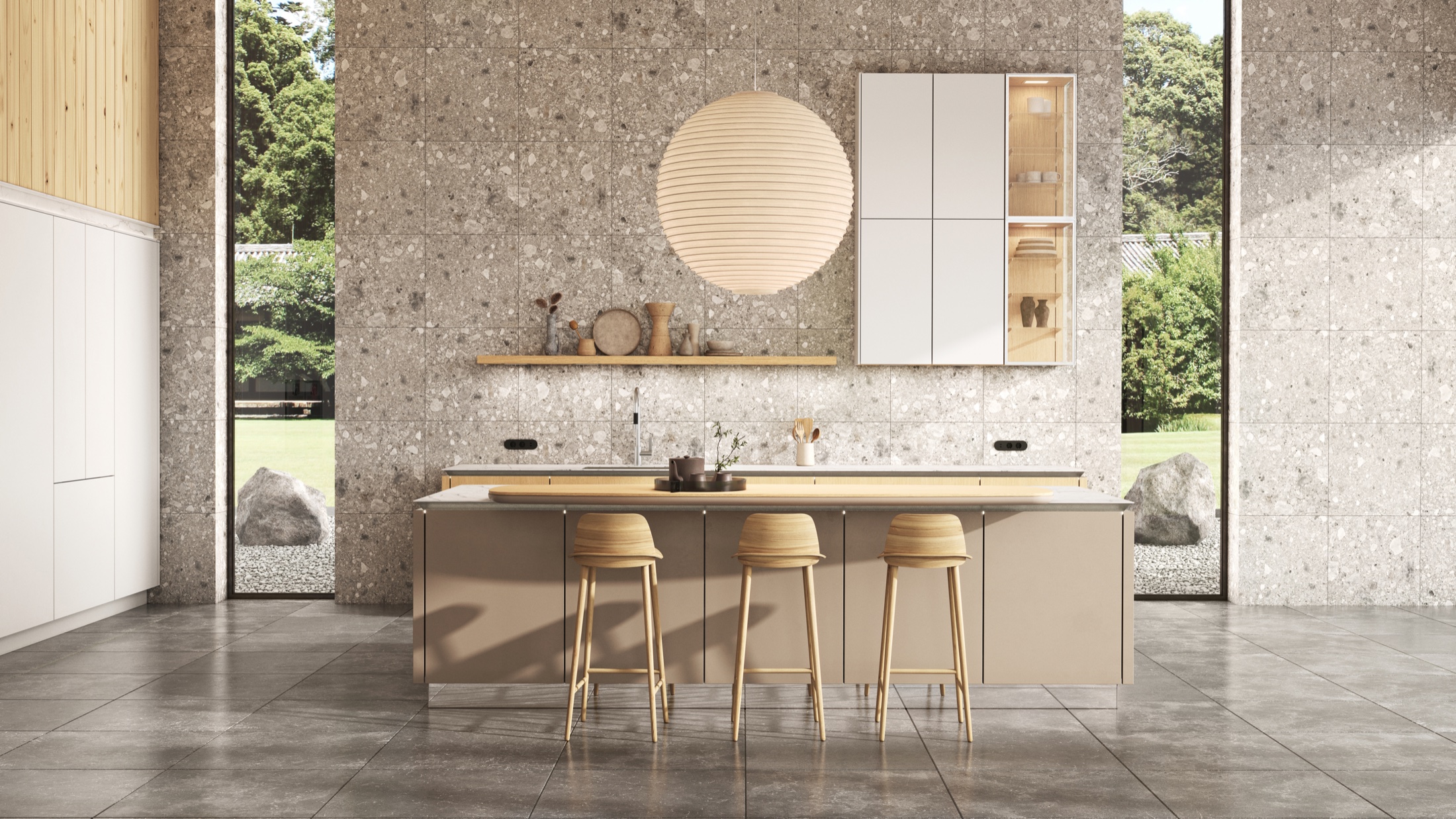 SieMatic Pure light oak kitchen against a terrazzo feature wall