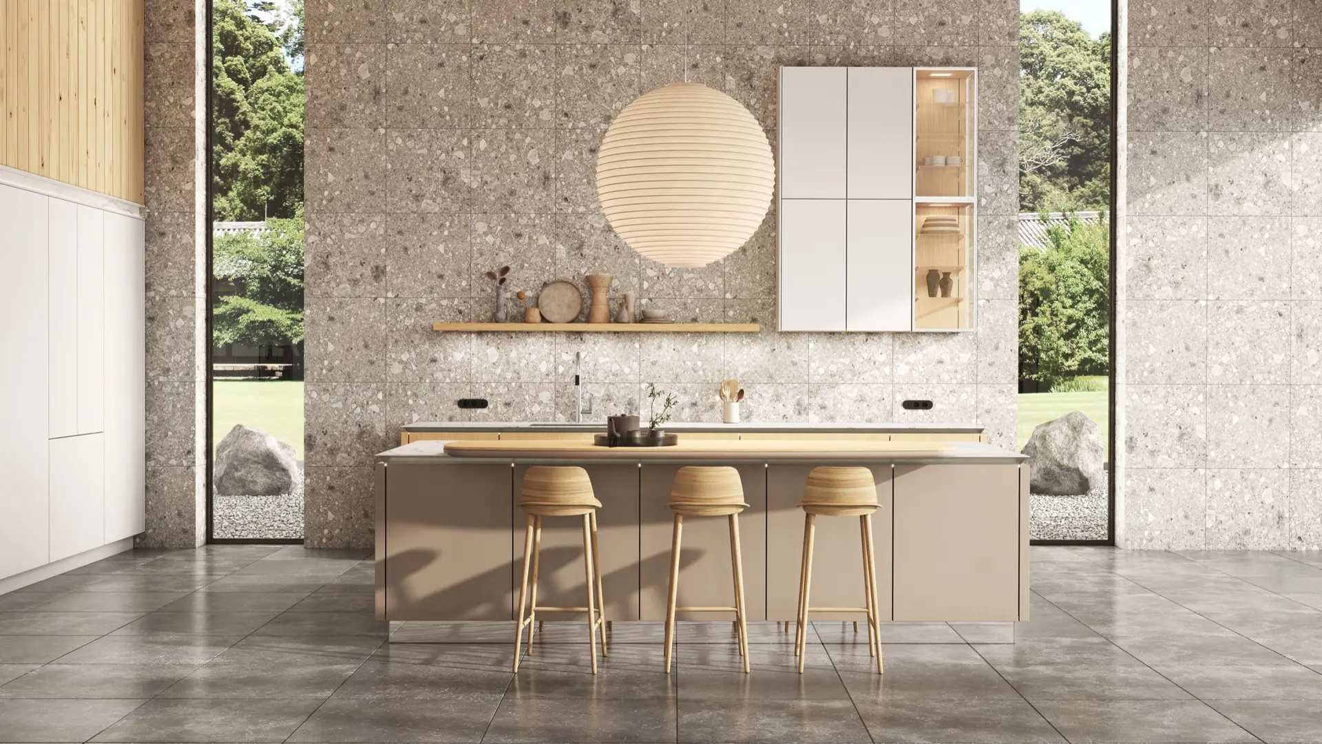SieMatic Pure light oak kitchen against a terrazzo feature wall