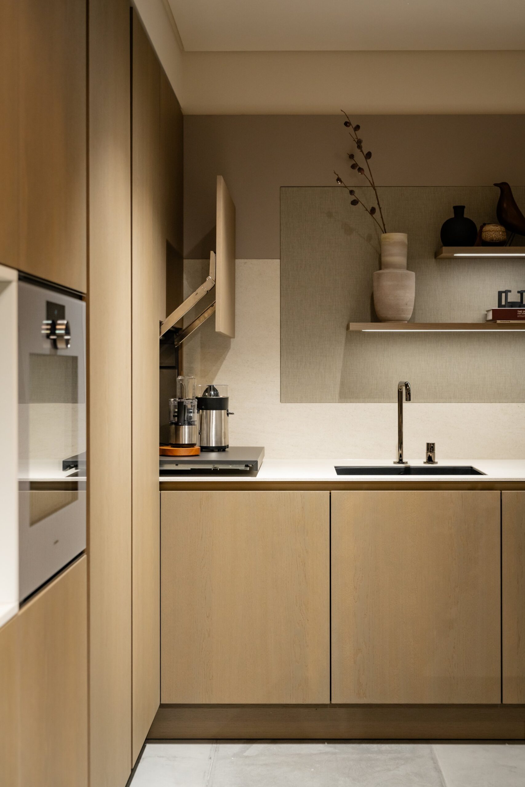 SieMatic Pure light oak kitchen with lift-up wall cabinet