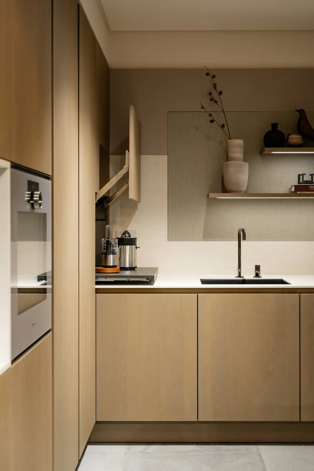 SieMatic Pure light oak kitchen with lift-up wall cabinet