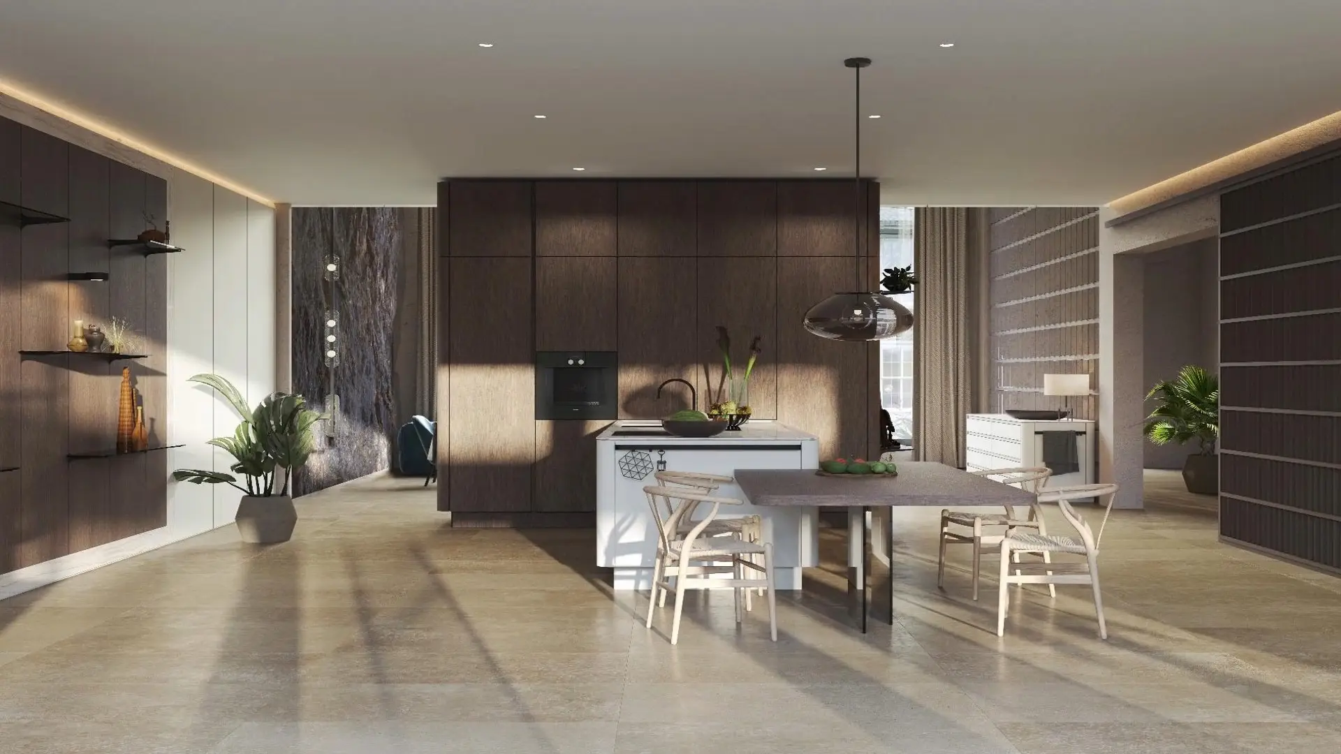 SieMatic SG6 dark wood kitchen with island and dining area