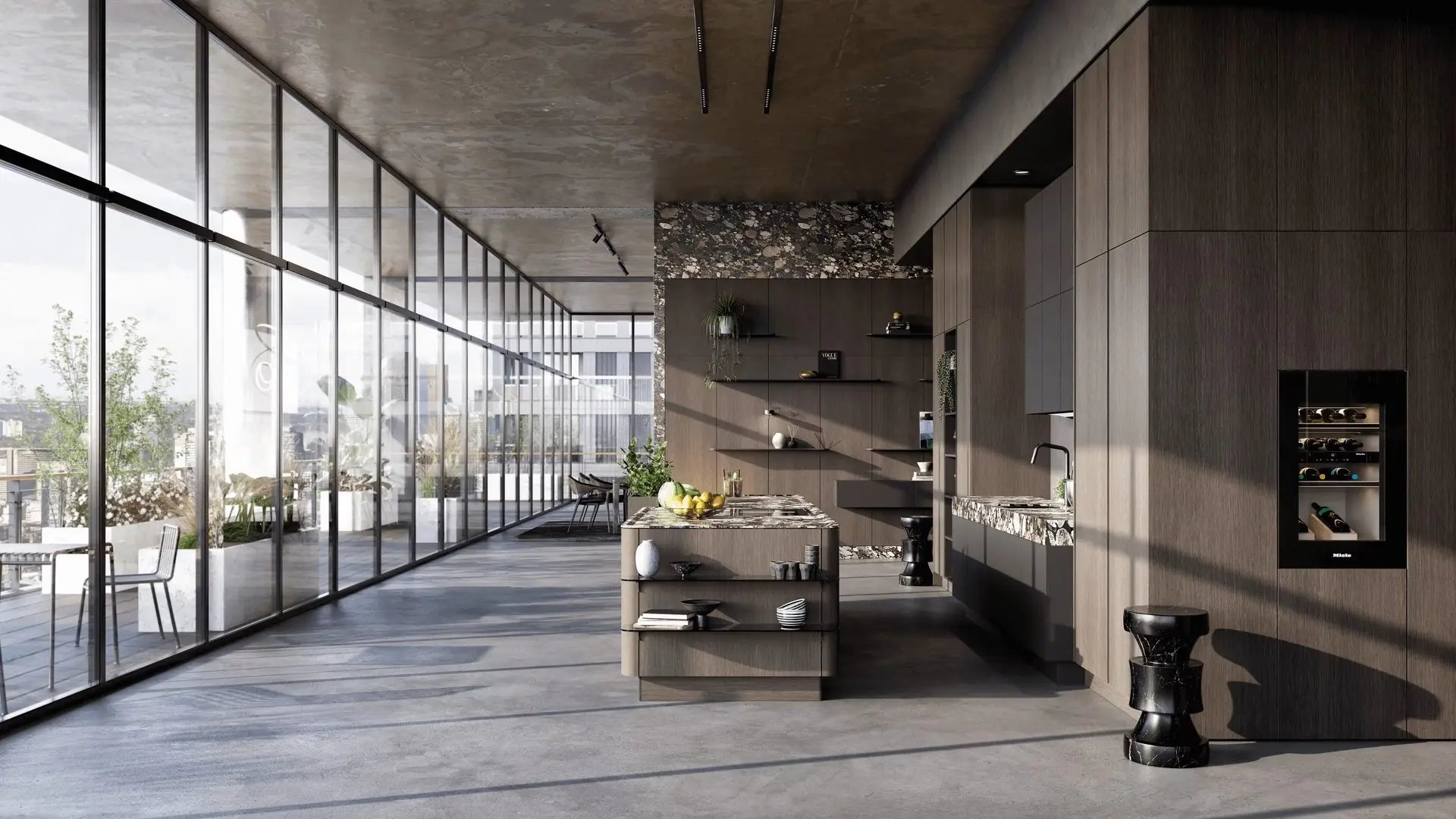 SieMatic SG6 kitchen in an industrial loft with glass walls and marble island