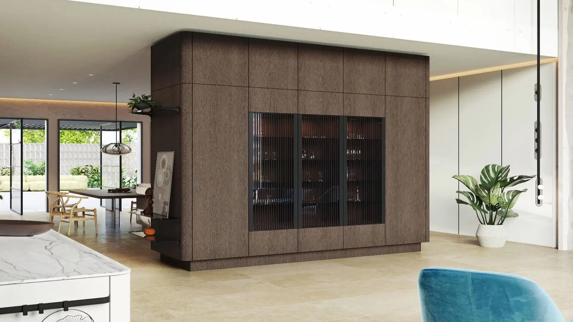 SieMatic SG6 walnut cabinet island in a white kitchen