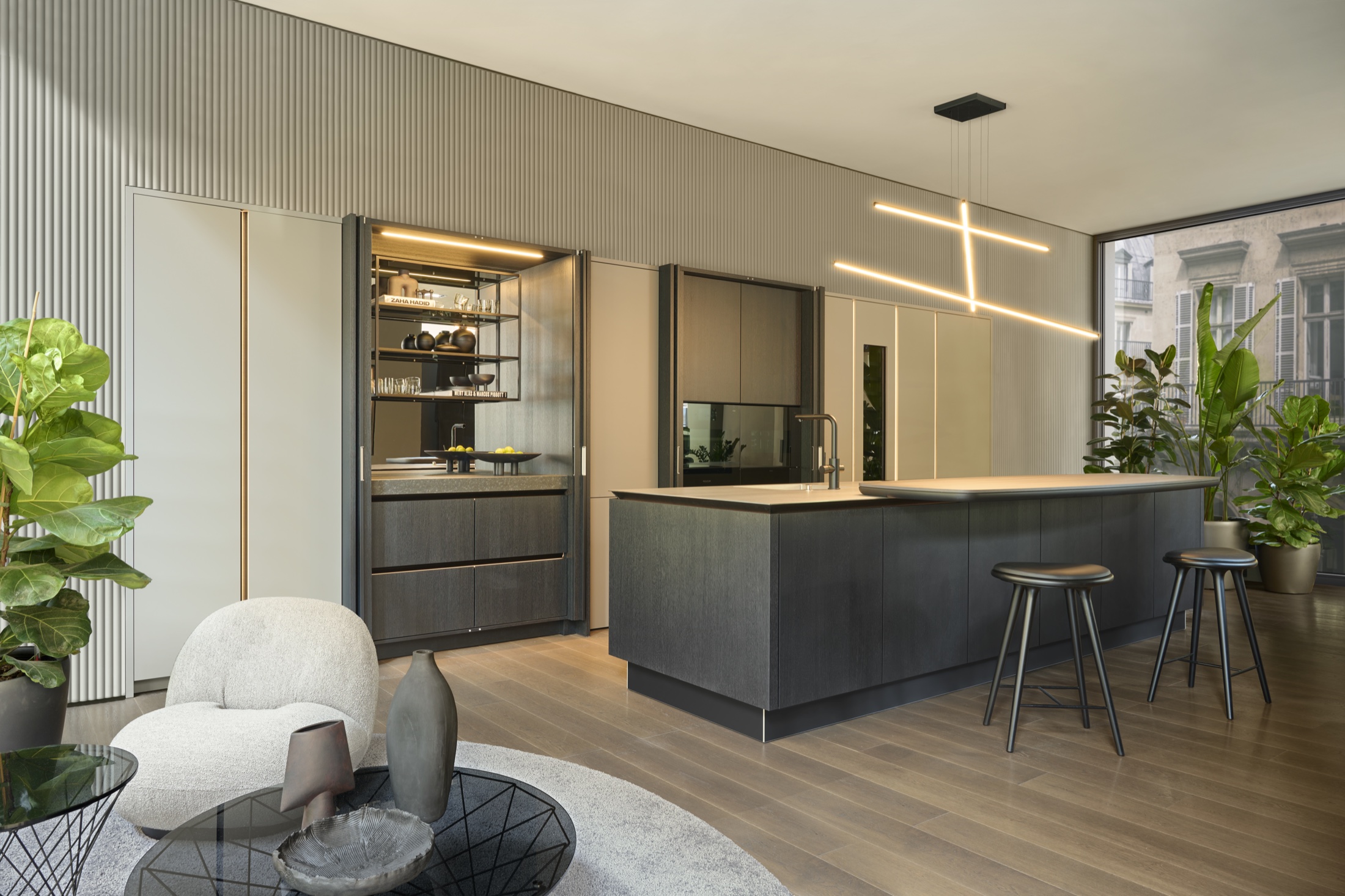 SieMatic SLX kitchen in a city apartment with pocket-door coffee bar