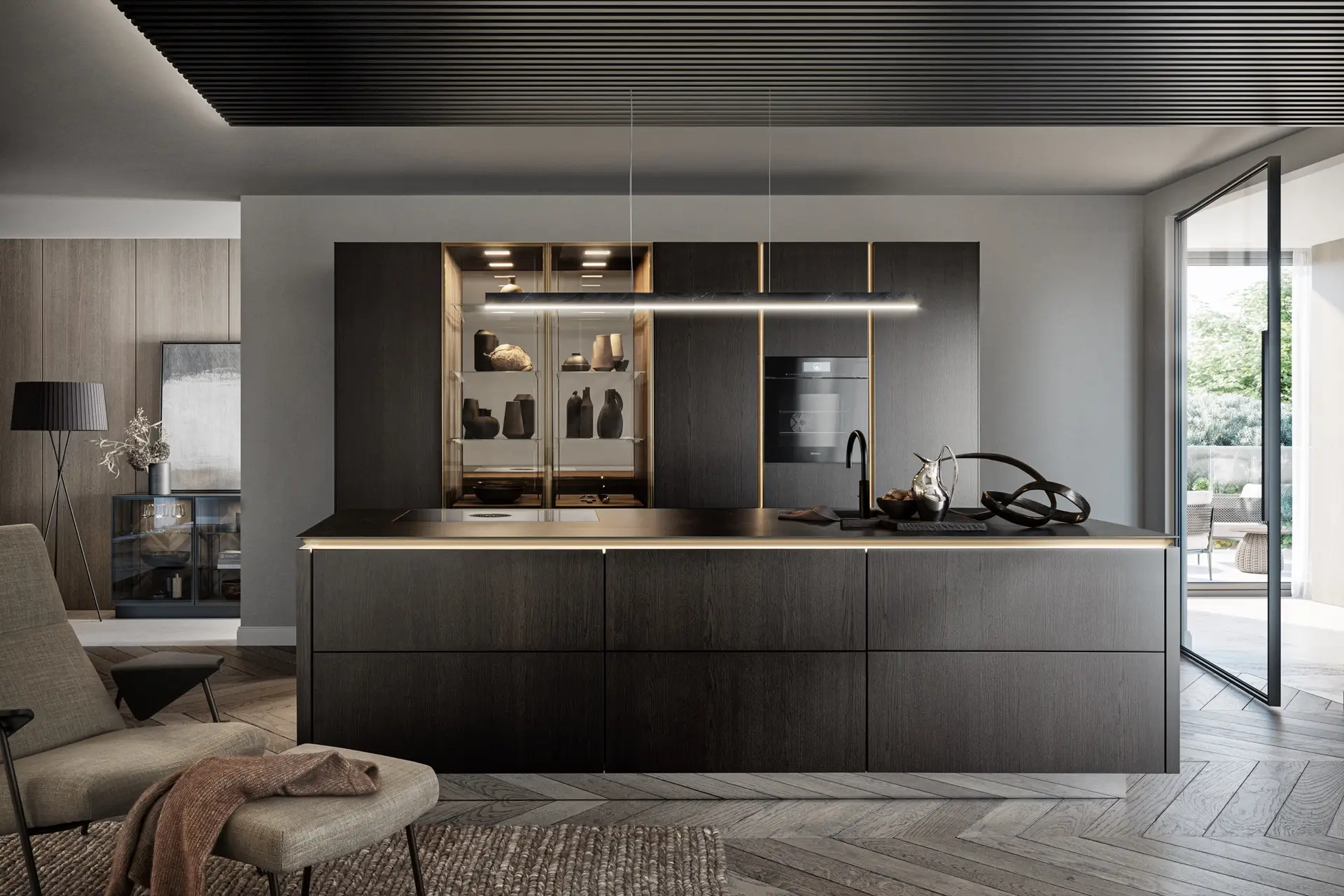 SieMatic SLX dark oak island with bronze glass vitrines and linear pendant