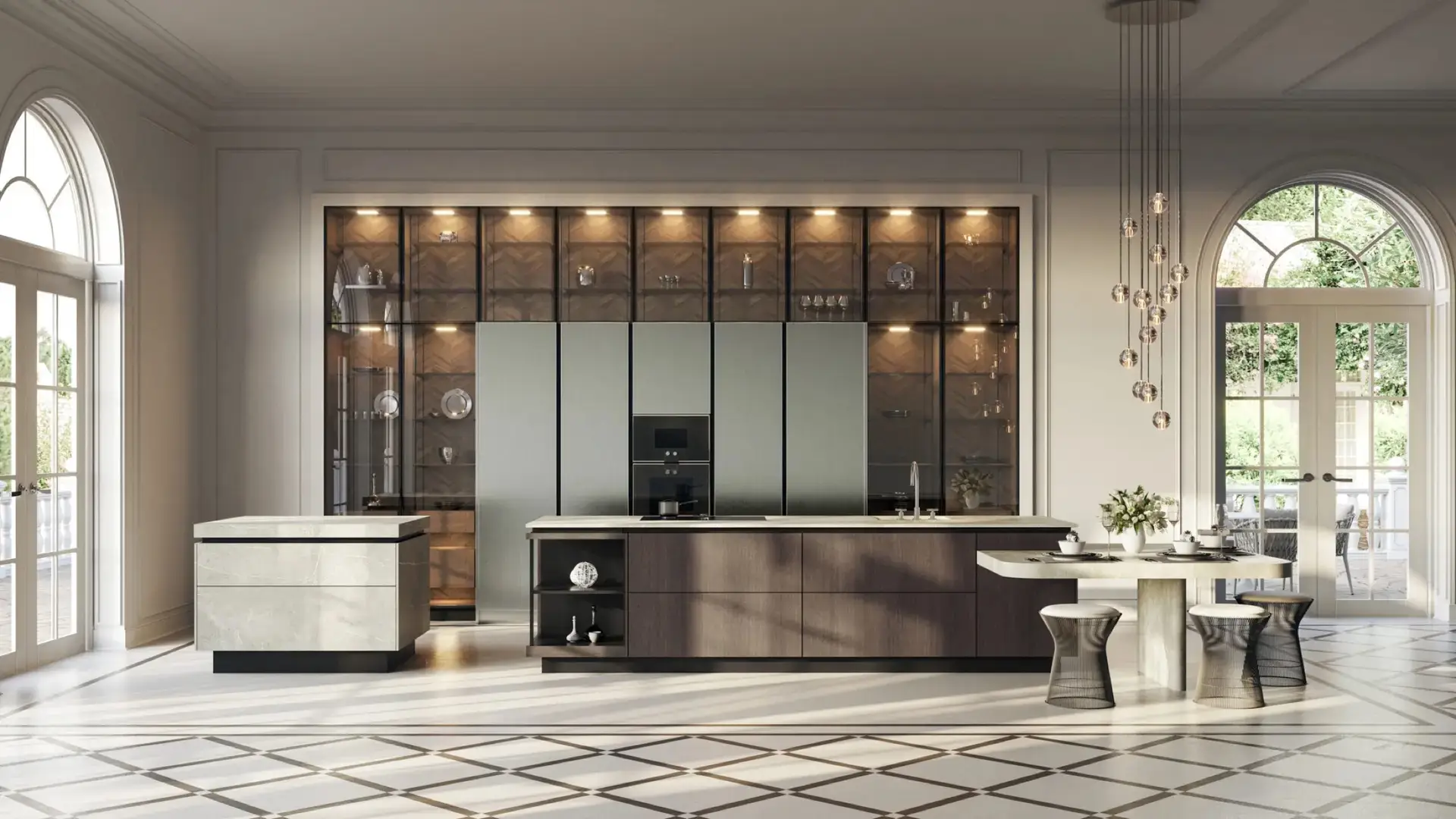 SieMatic SLX kitchen with fluted glass cabinet wall and arched windows