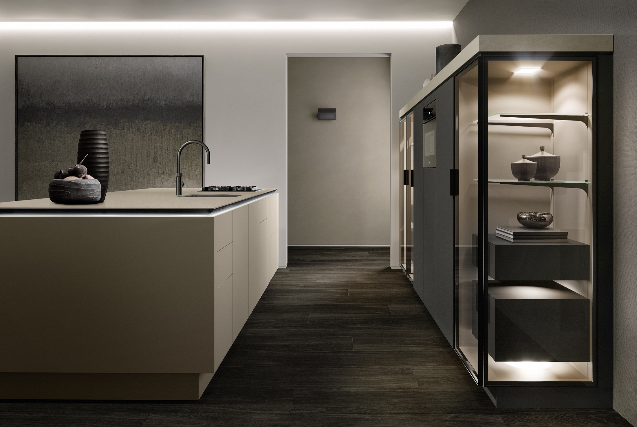 SieMatic SLX taupe island with illuminated glass tall cabinets