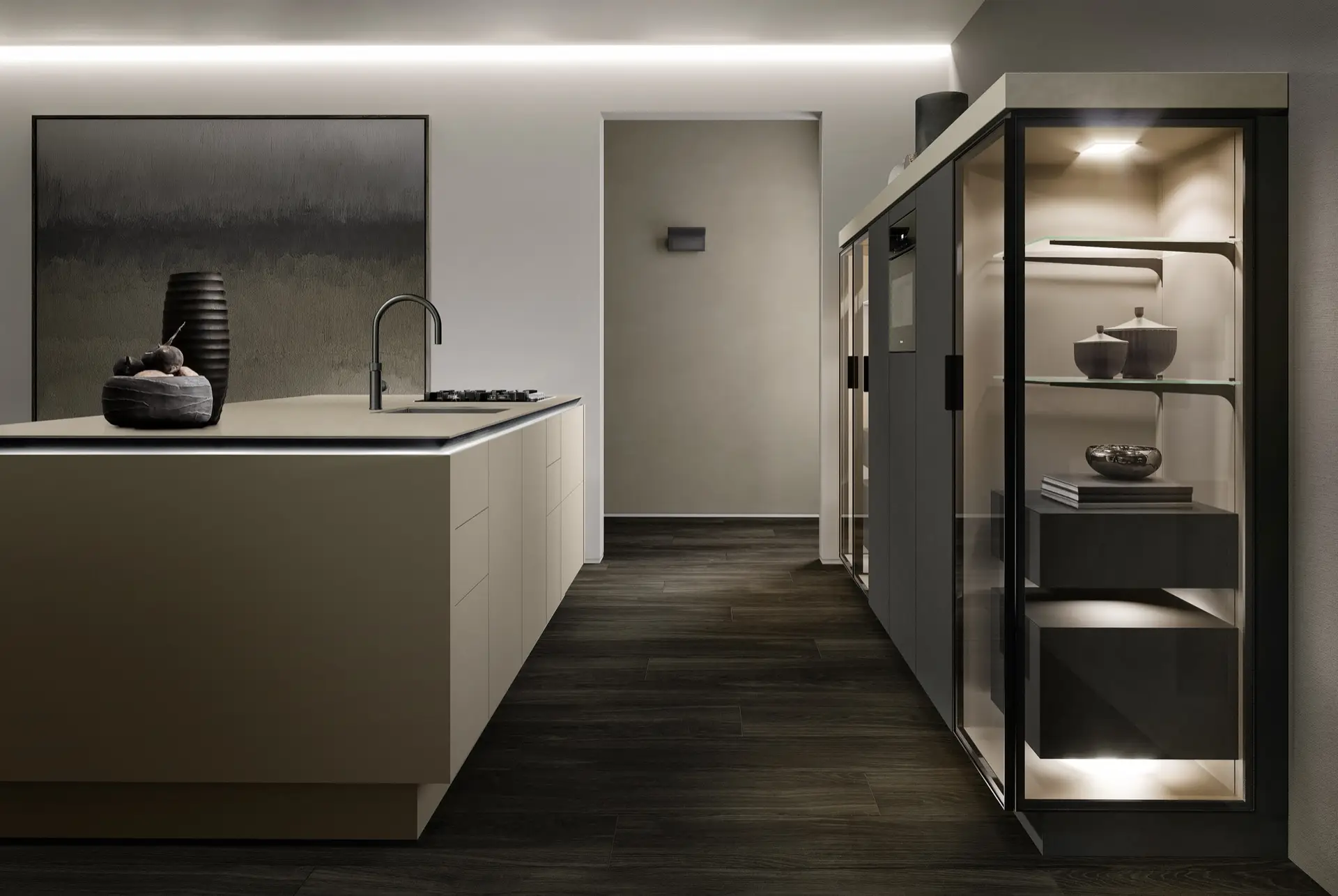 SieMatic SLX taupe island with illuminated glass tall cabinets