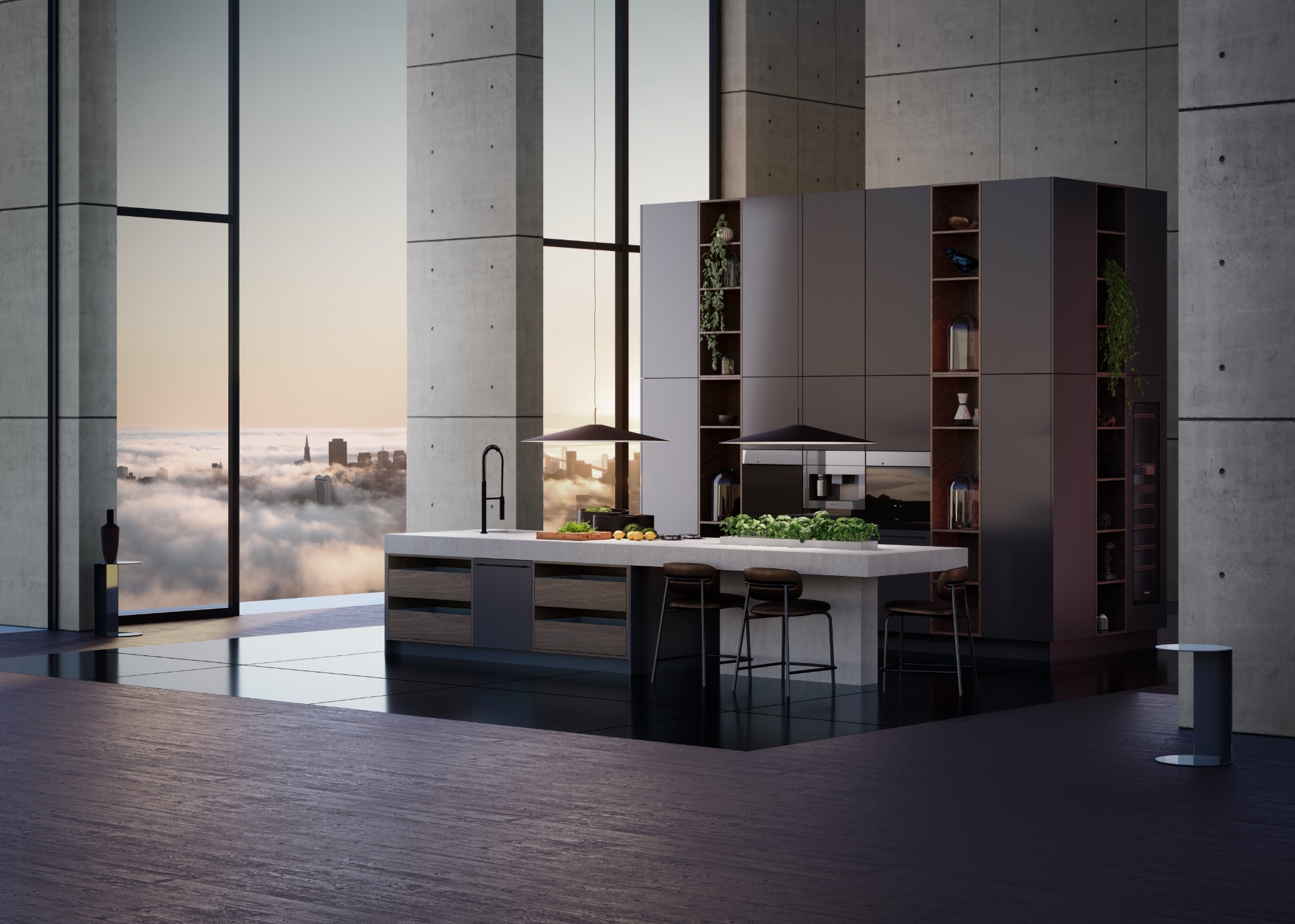 SieMatic URBAN kitchen with island and open shelving tower in a concrete loft