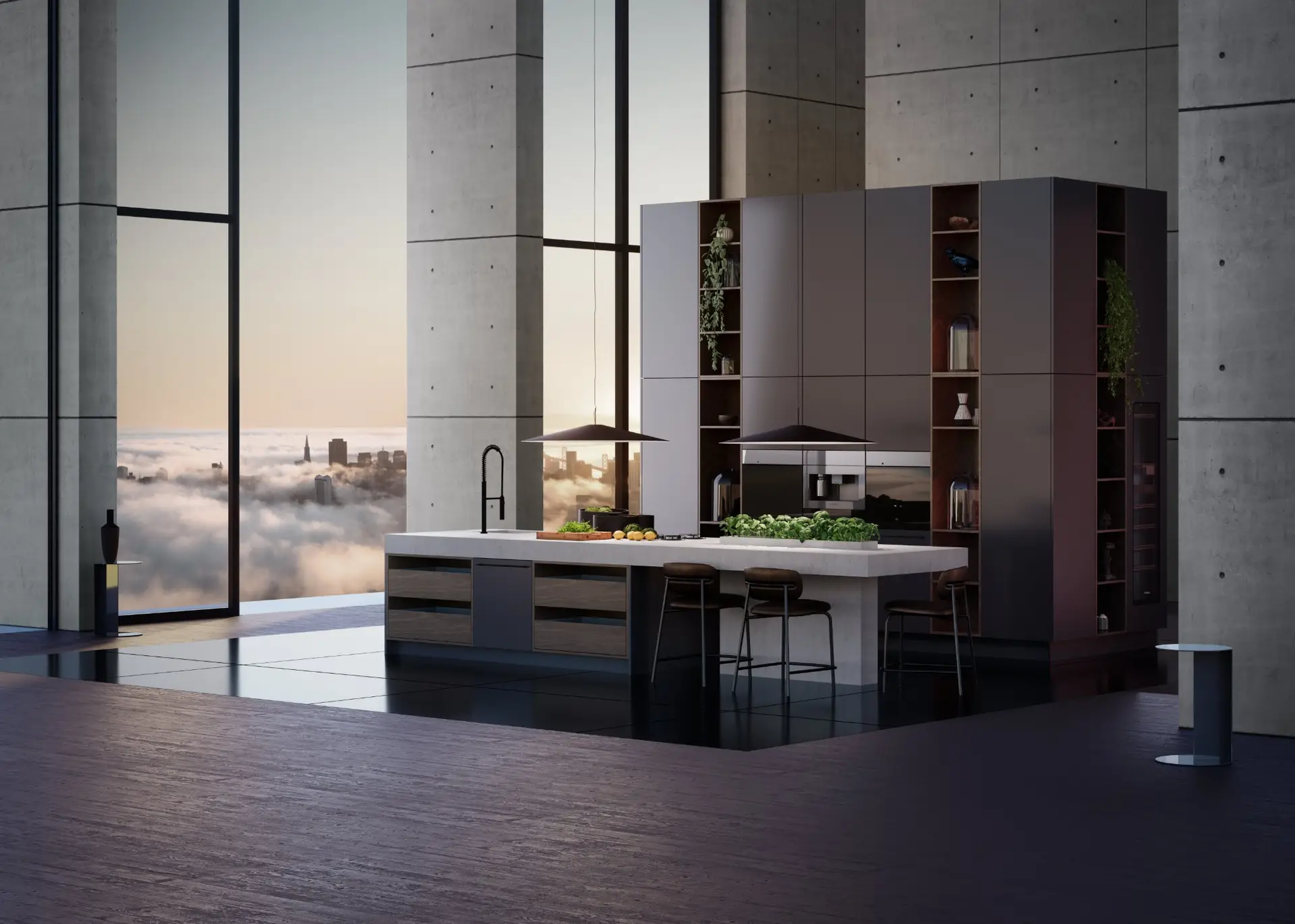 SieMatic URBAN kitchen with island and open shelving tower in a concrete loft