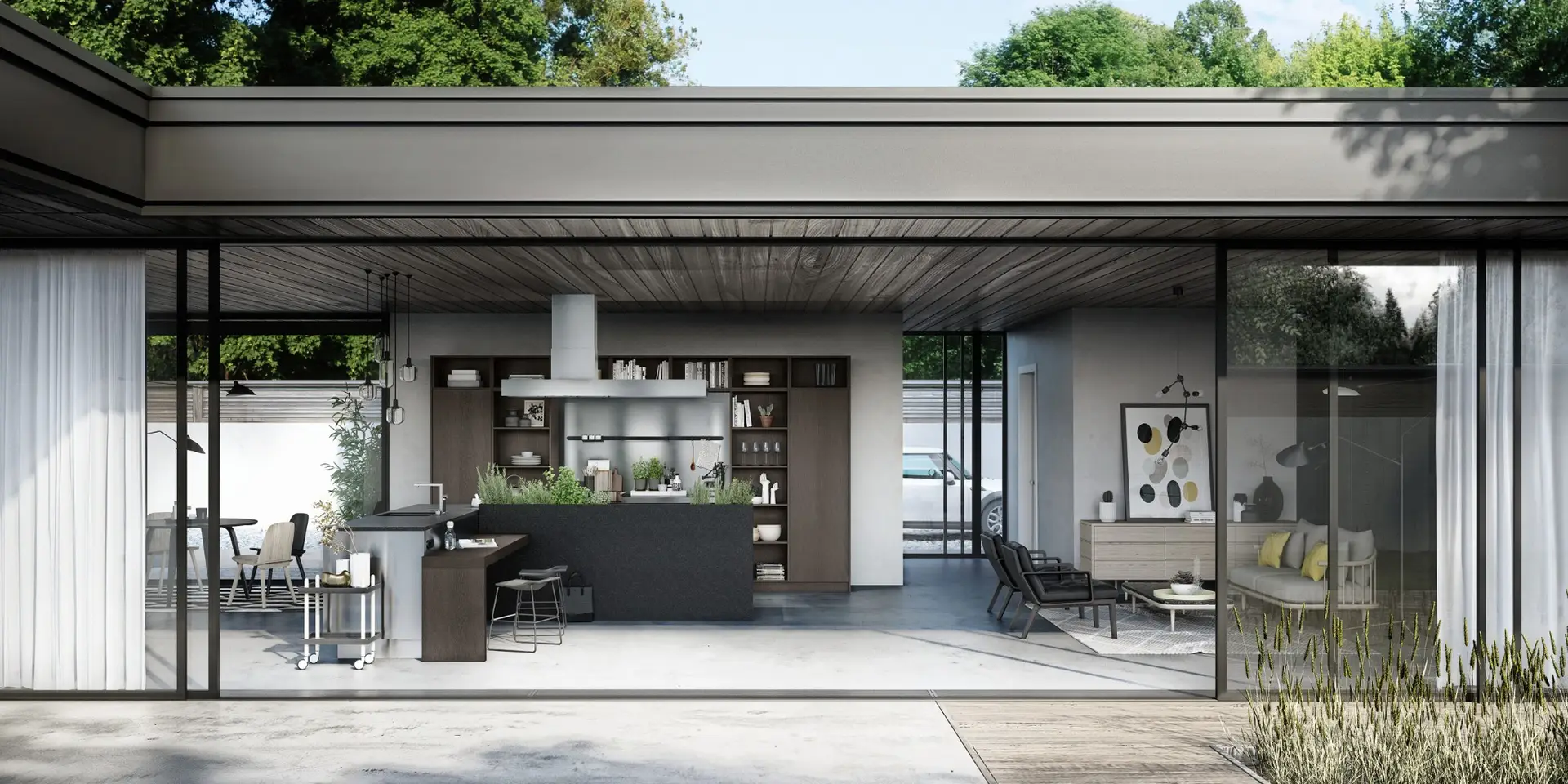 SieMatic URBAN kitchen in a garden pavilion with sliding glass walls