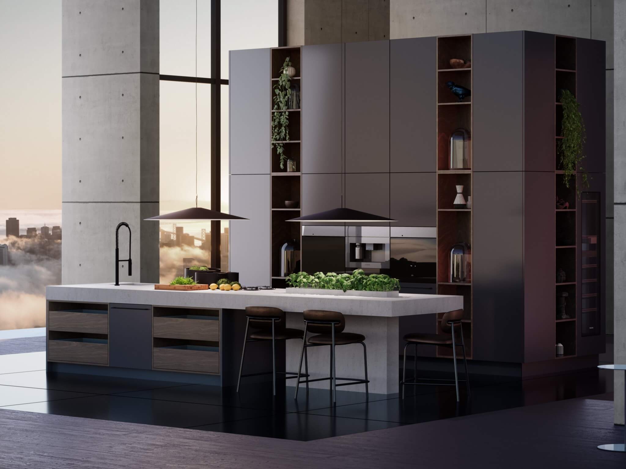 SieMatic URBAN kitchen in a city penthouse with skyline views