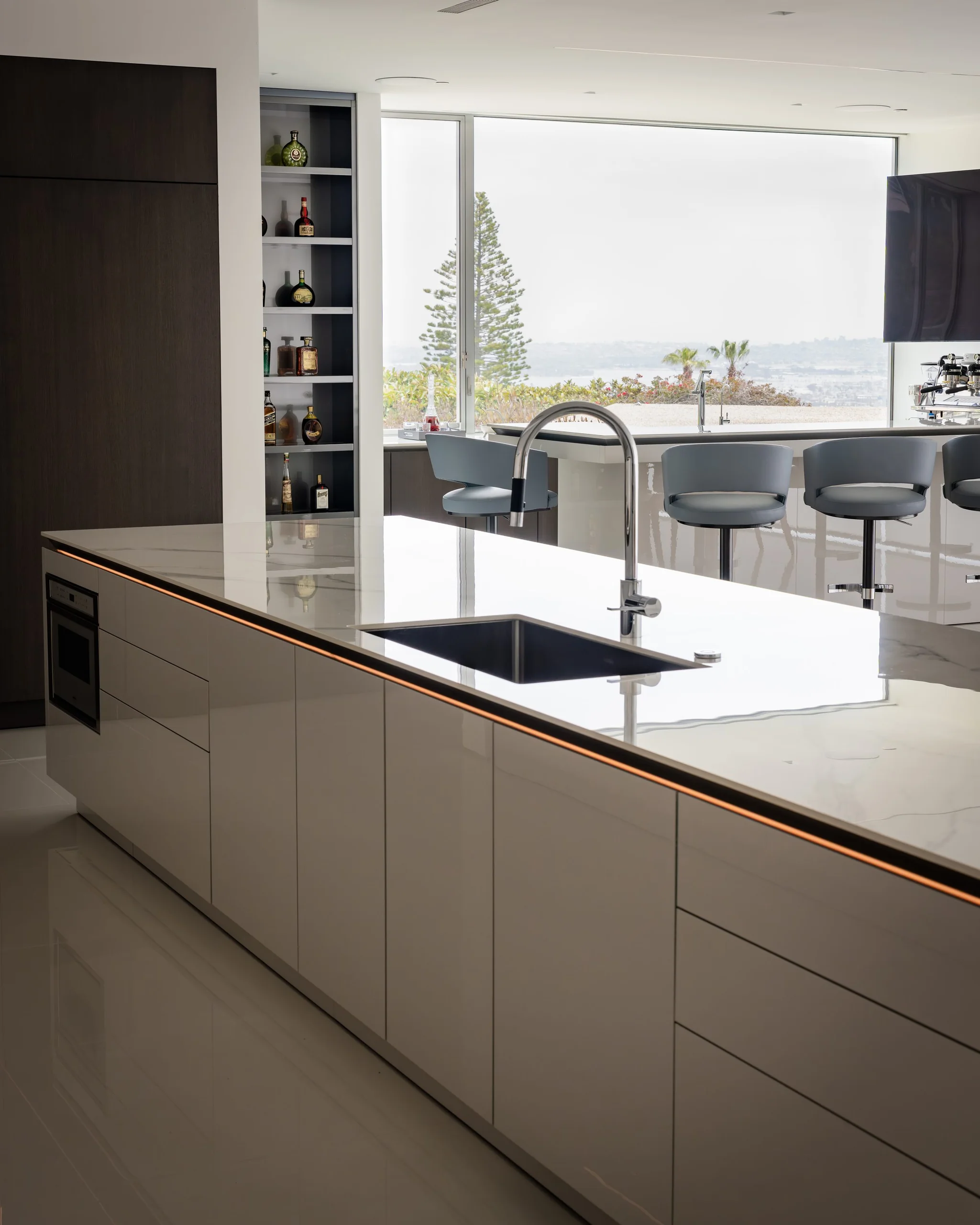 Modern Kitchen La Jolla &mdash; island detail with ocean view and bar seating