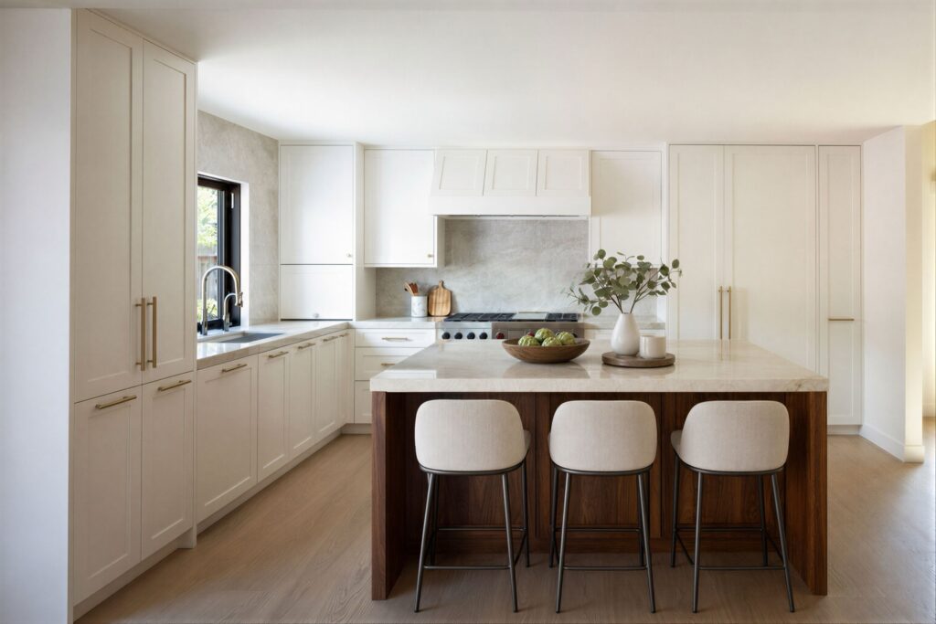 Wood-Mode Nordic White kitchen with a natural walnut island, Taj Mahal quartzite countertops and backsplash