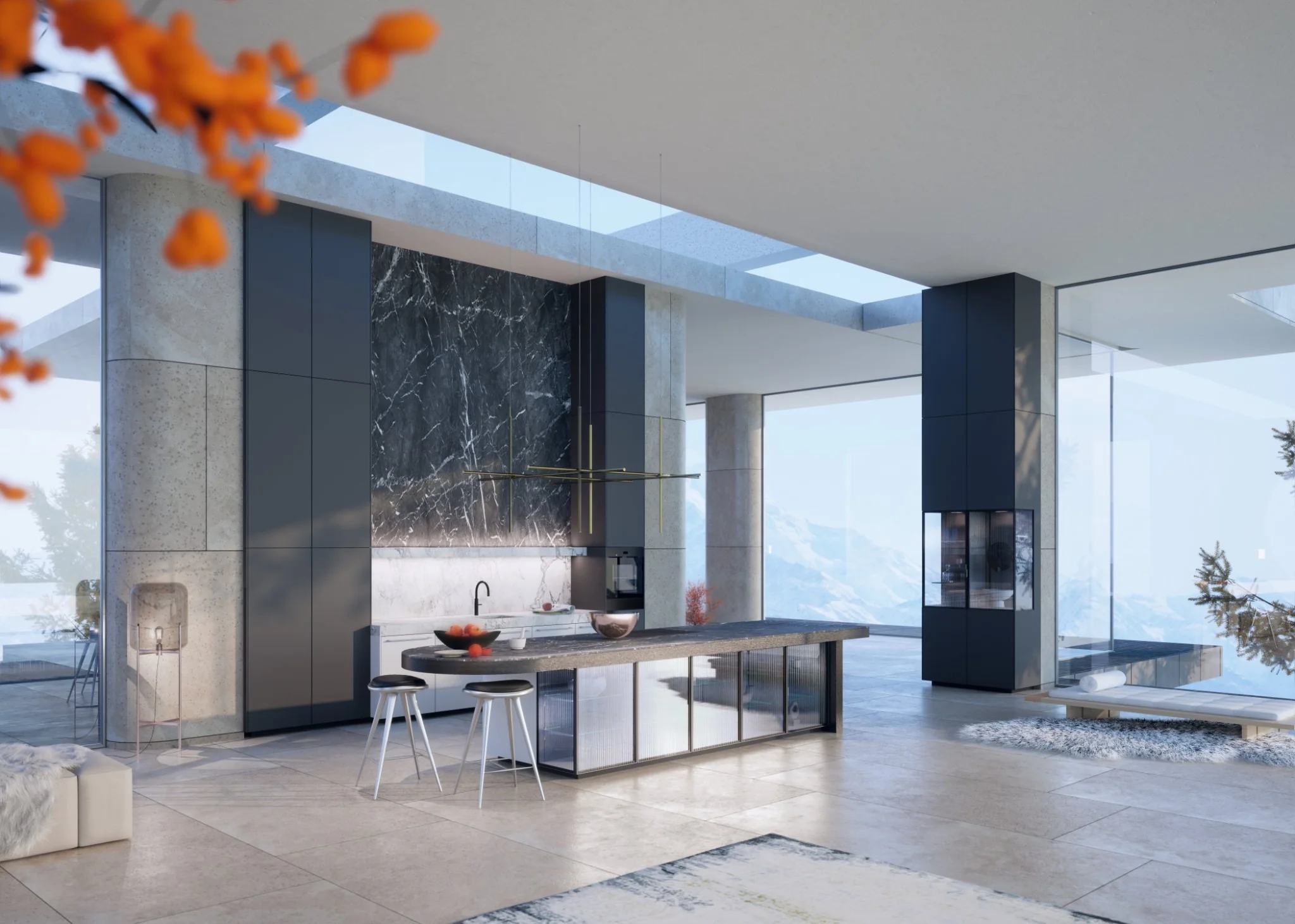 Mondial kitchen with warm wood veneers and dramatic pendant lighting