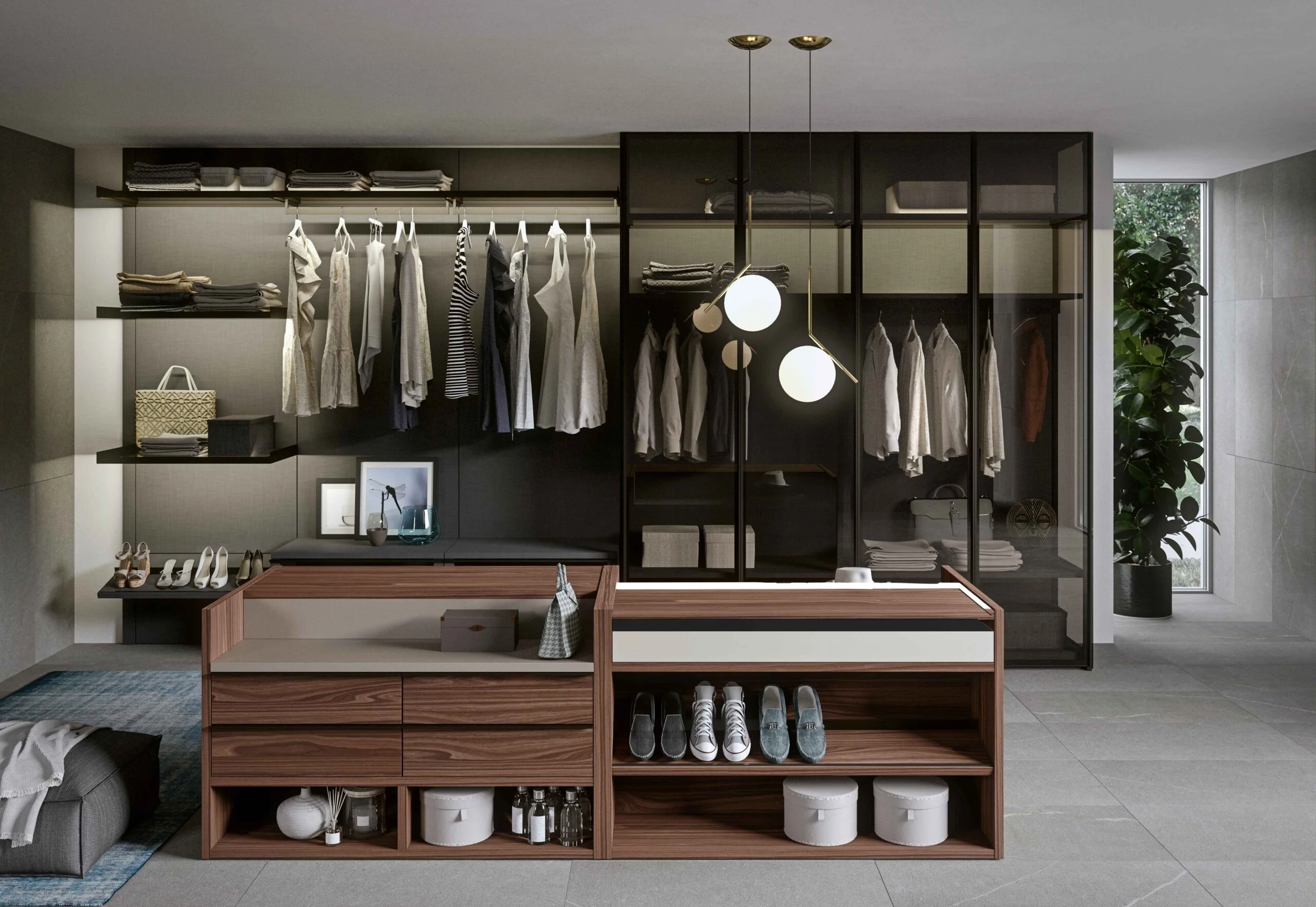 Walnut walk-in closet with center island and pendant lighting — Inplace Studio closets