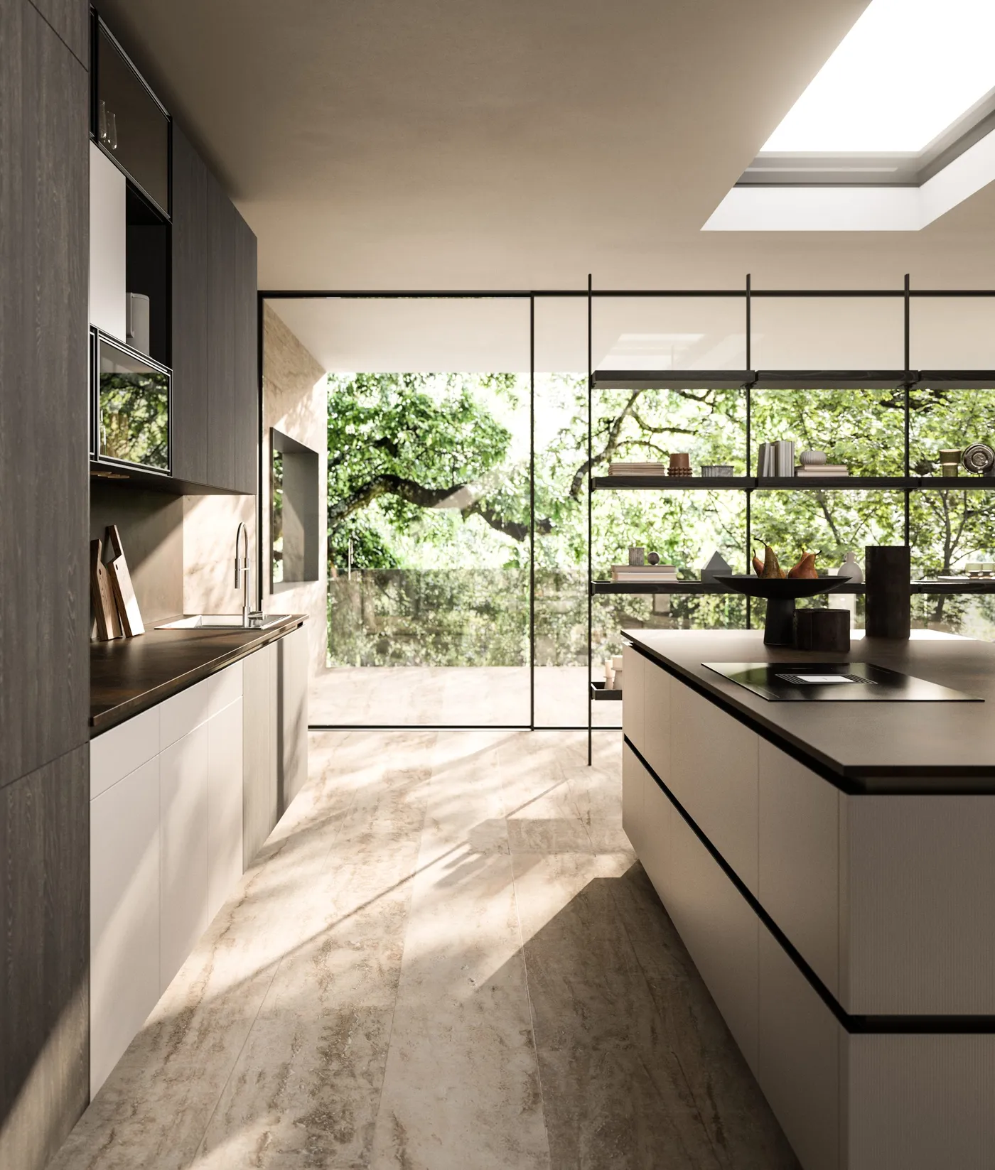 Ranzo Rastelli Bijou white lacquered Italian kitchen with walnut and a glass wall, finishes to see at Inplace Studio