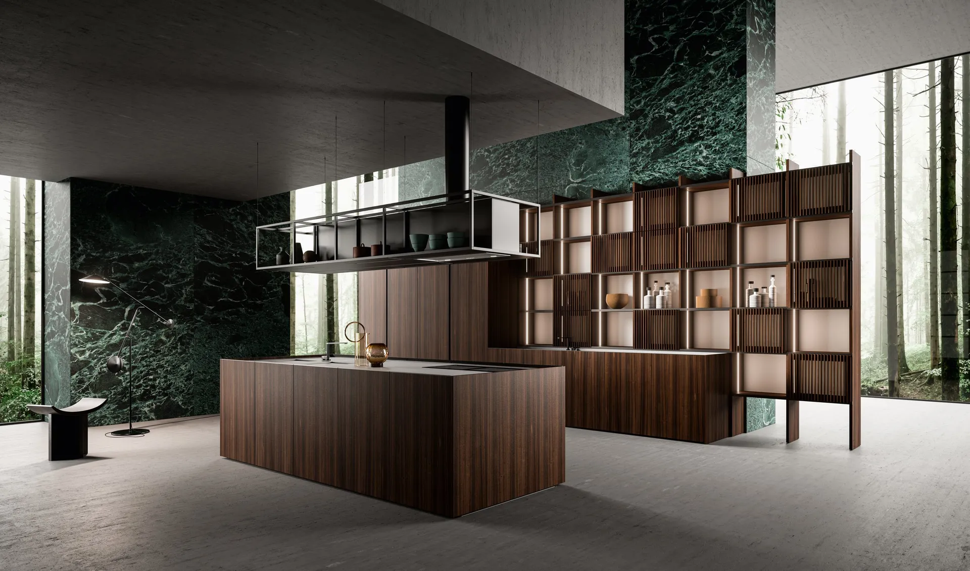 Modern Italian cabinets by Ranzo Rastelli: Natura kitchen with walnut island and green marble panelling